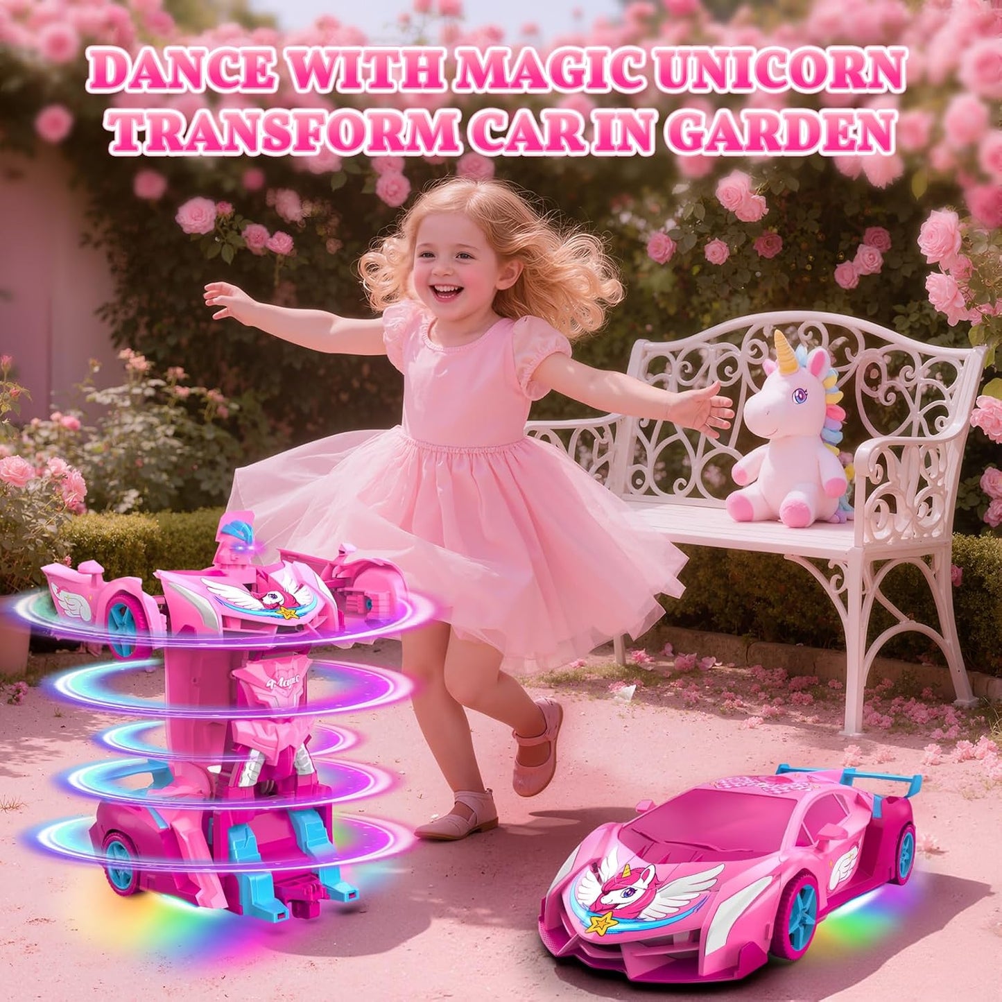 Unicorn Transform RC Cars for Girls Toys with Rainbow Eyes & Underbody Lights, Fast 360°Rotation & 2.4GHz Robot Remote Control Car One-Button Deformation,Easter Basket Stuffers for 3-12 Year Old Girls