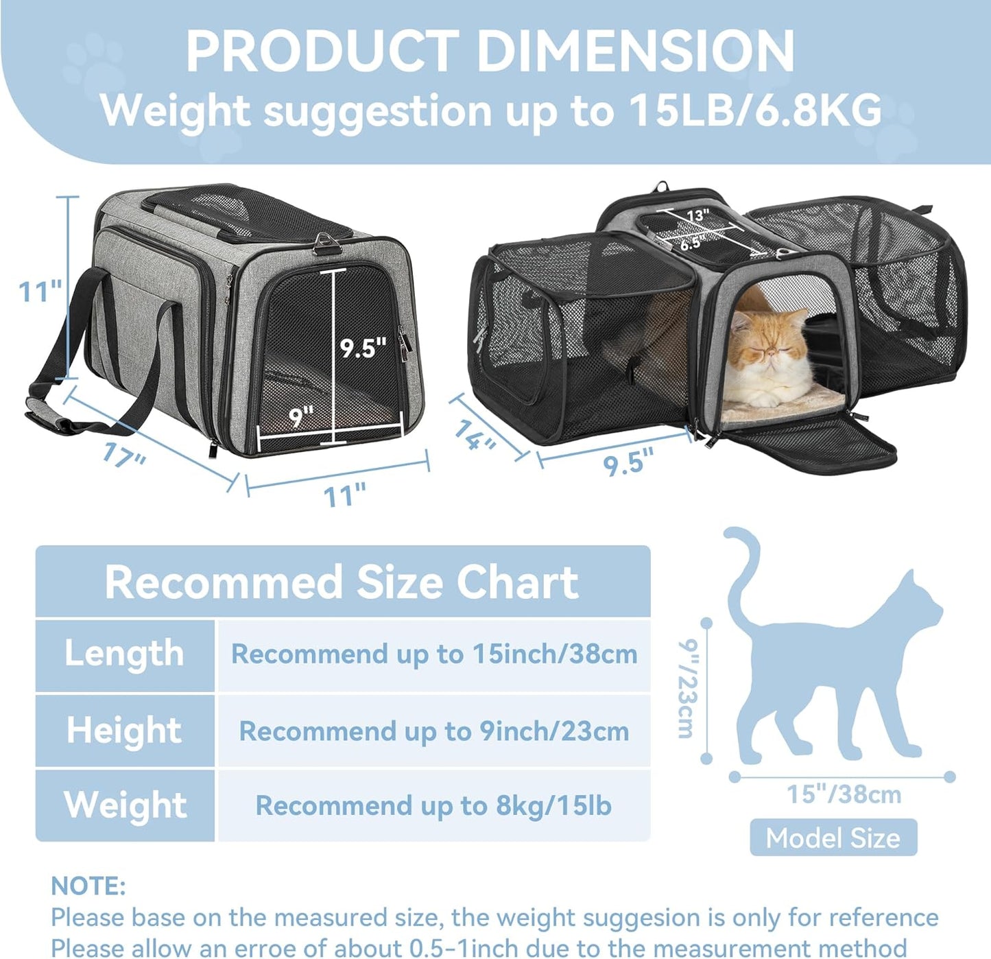 Petsfit 17" x 11" x 11" Airline-Approved Expandable Pet Carrier, 2X Square Expansion Reduces Pet Anxiety, Escape-Proof Self-Locking Zippers, 5 Easy-Access Entrances, for Cats & Small Dogs up to 15 lbs