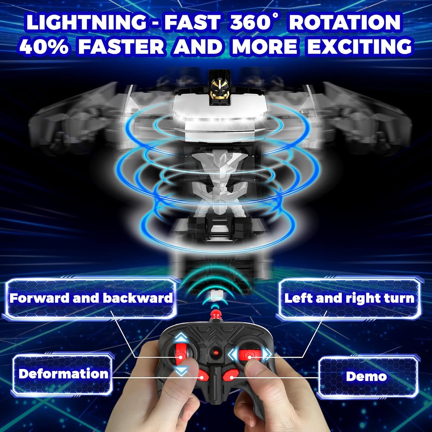 Transform RC Cyber Pickup Truck Cars Robot Toy for Kids, 2.4GHz Remote Control Car with One-Button Deformation 360° Rotation LED Lights Valentine's Day Birthday Gifts for Boys Age 4-7-8-12（1:18 Scale）