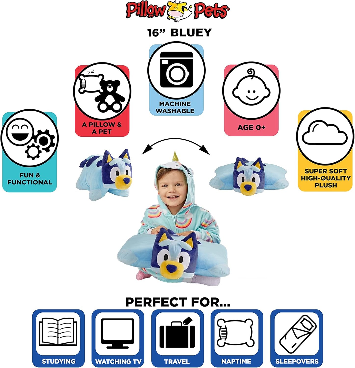 Pillow Pets 16 inch Bluey, BBC Studios Stuffed Animal Plush Toy Gift for Kids