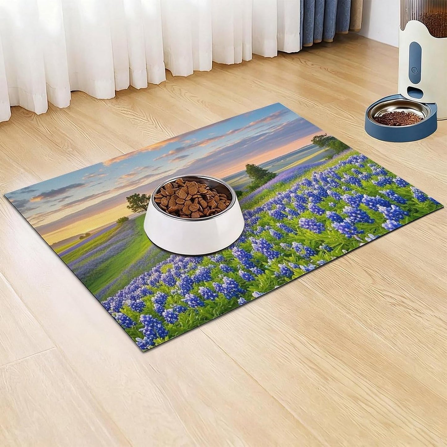 Dog Food Mat Pet Leather Tablecloth Texas Bluebonnets Scenery Pet Feeding Mat Anti-Slip Dog Bowl Mats Absorbent Pet Placemats for Dogs Protect Floor Dogs Pad for Food and Water