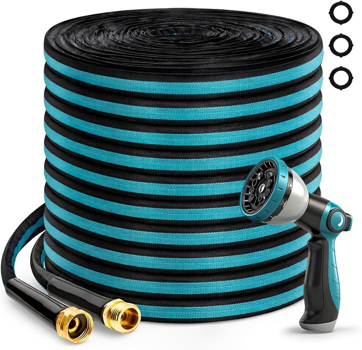 100FT Garden Hose, Kink-Free Non-Expandable Flexible Water Hose with 10-Pattern Spray Nozzle, Lightweight Leakproof Flat Hose with 3/4” Solid Brass Connector for Yard, Lawn & Outdoor Use