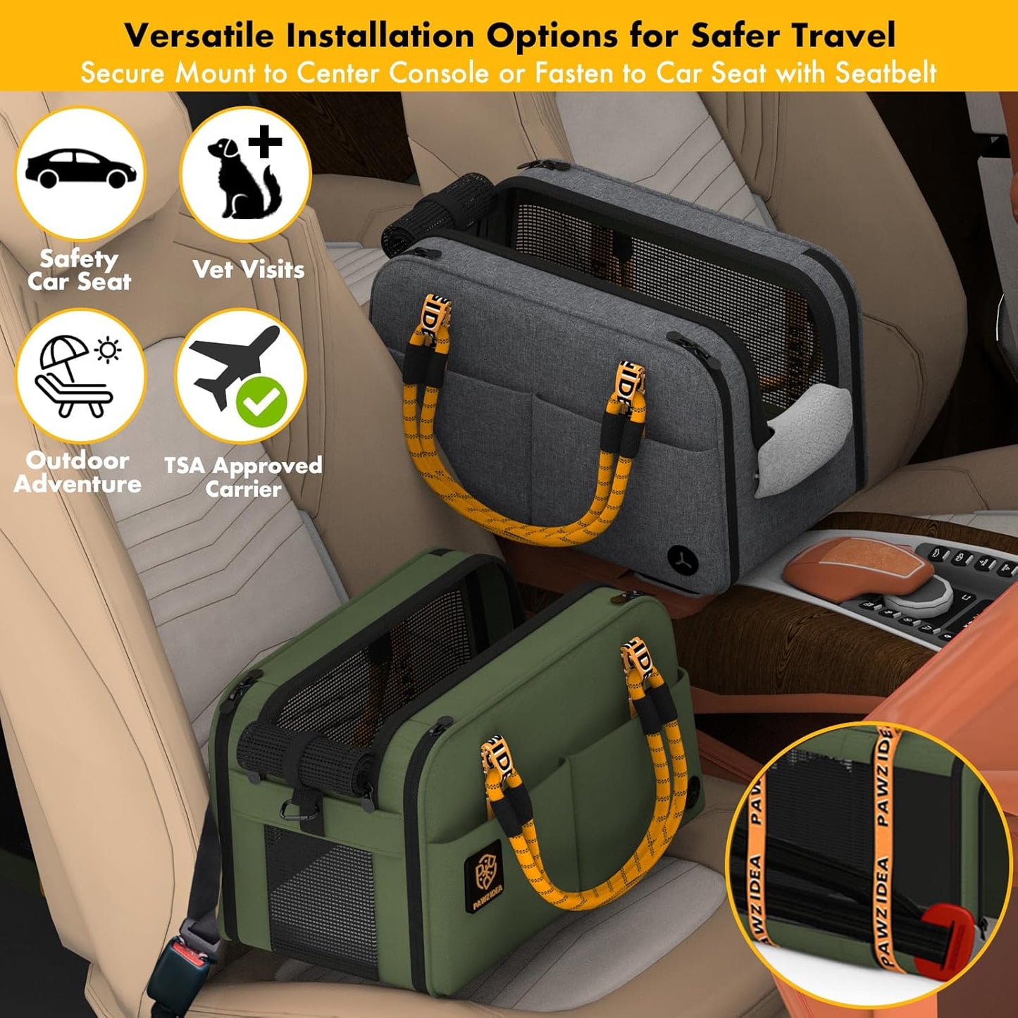 PAWZIDEA Center Console Dog Car Seat, Enclosed Small Dog Armrest Booster Carseat, Secure Straps &Anti Slip, Portable TSA Approved Puppy Pet Carrier Soft-Sided, Removable Pillow Storage Pocket, up 12lb