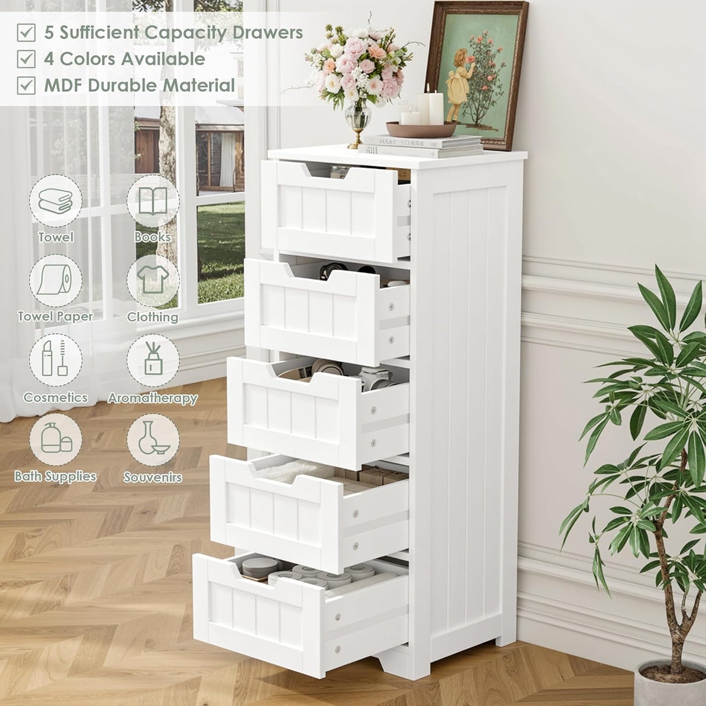 FOTOSOK Bathroom Cabinet, Bathroom Storage Cabinet with 5 Drawers, Wooden Storage Cabinets with Cut-Out Handles, 11.8” x 15.7” x 40.1” Bathrooms Floor Cabinets for Hallway/Living Room, White