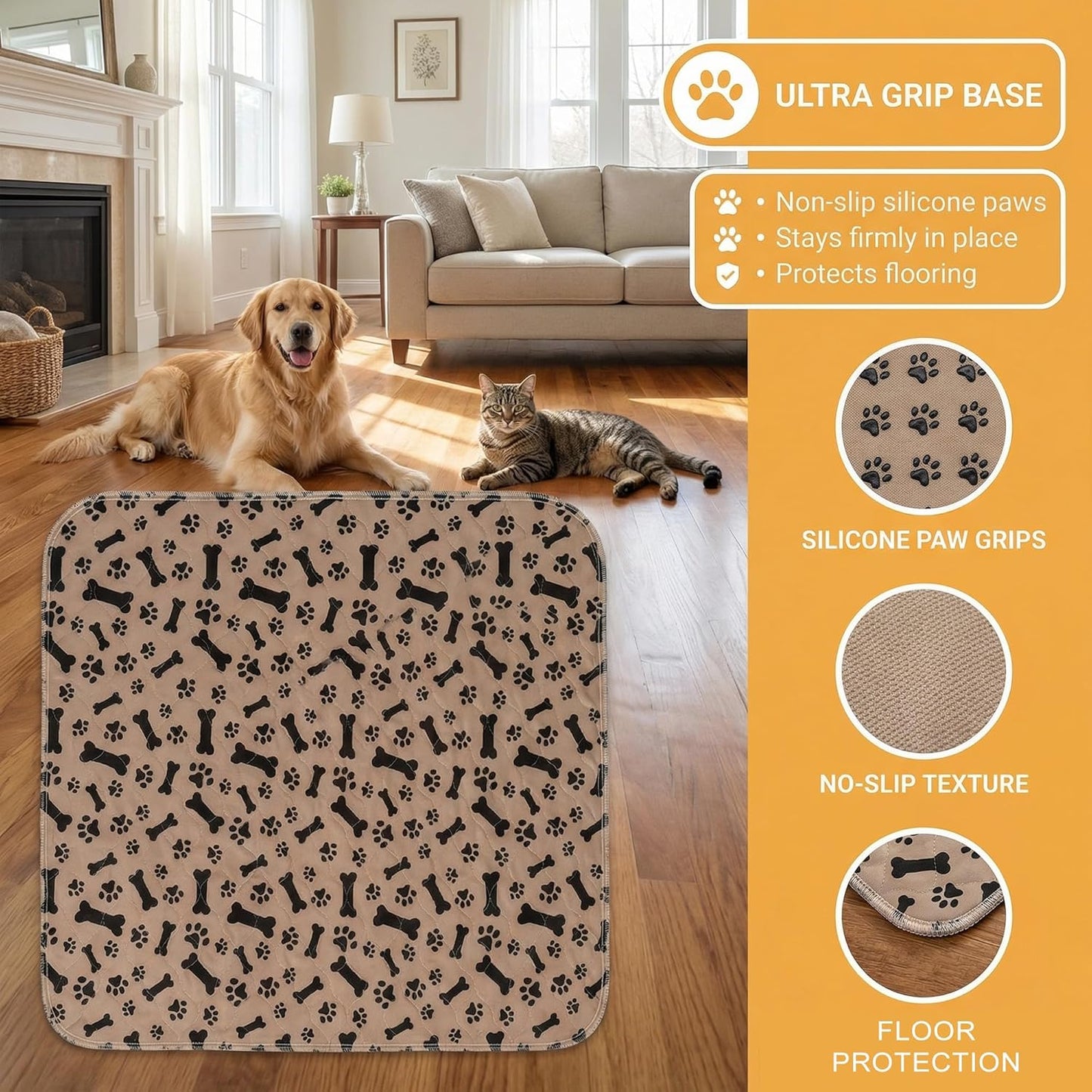 Washable Pee Pads for Dog Stylish Non-Slip and Leak-Proof Pee Ma Ultra-Absorbent Reusable Potty Training Pads Puppy Pads with Pheromones - Leak & Odor Proof for Dogs, Cats, Puppy (Brown, M)