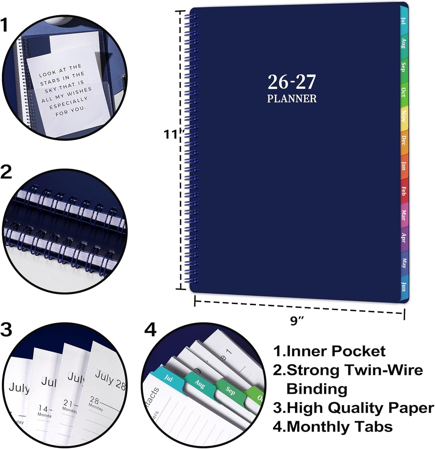 Academic Planner 2026-2027- 2026-2027 planner weekly and monthly, Jul.2026-Jun.2027, 9"×11", Planner 26-27 Weekly and Monthly Planner with Inner Pocket, Colorful Tabs, Twin-wire Binding - Navy