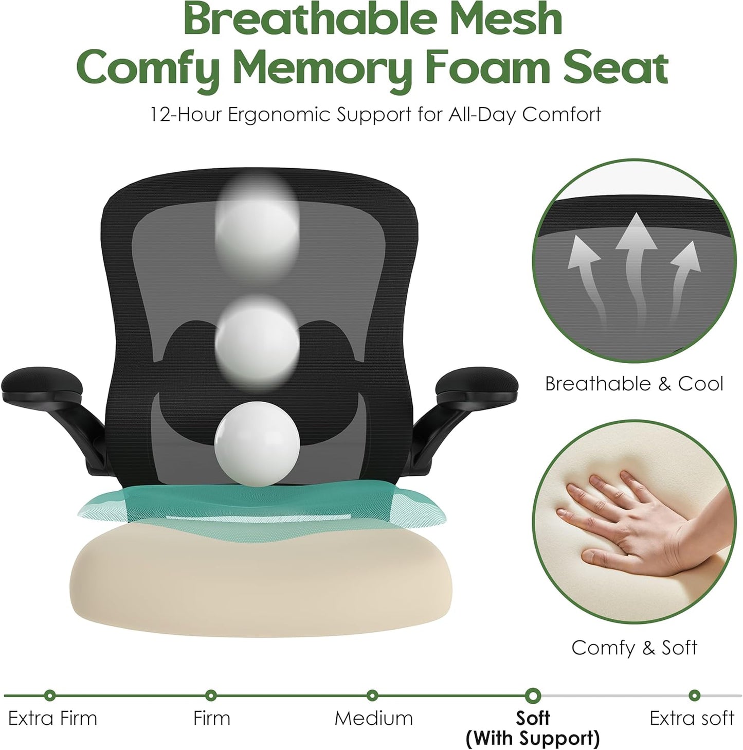 Office Chair Ergonomic Desk Chair - Mesh Comfy Home Desk Office Chairs with Wheels Adjustable Lumbar Support Flip up Armrest Executive Rolling Swivel Teacher Task Computer Chair Black