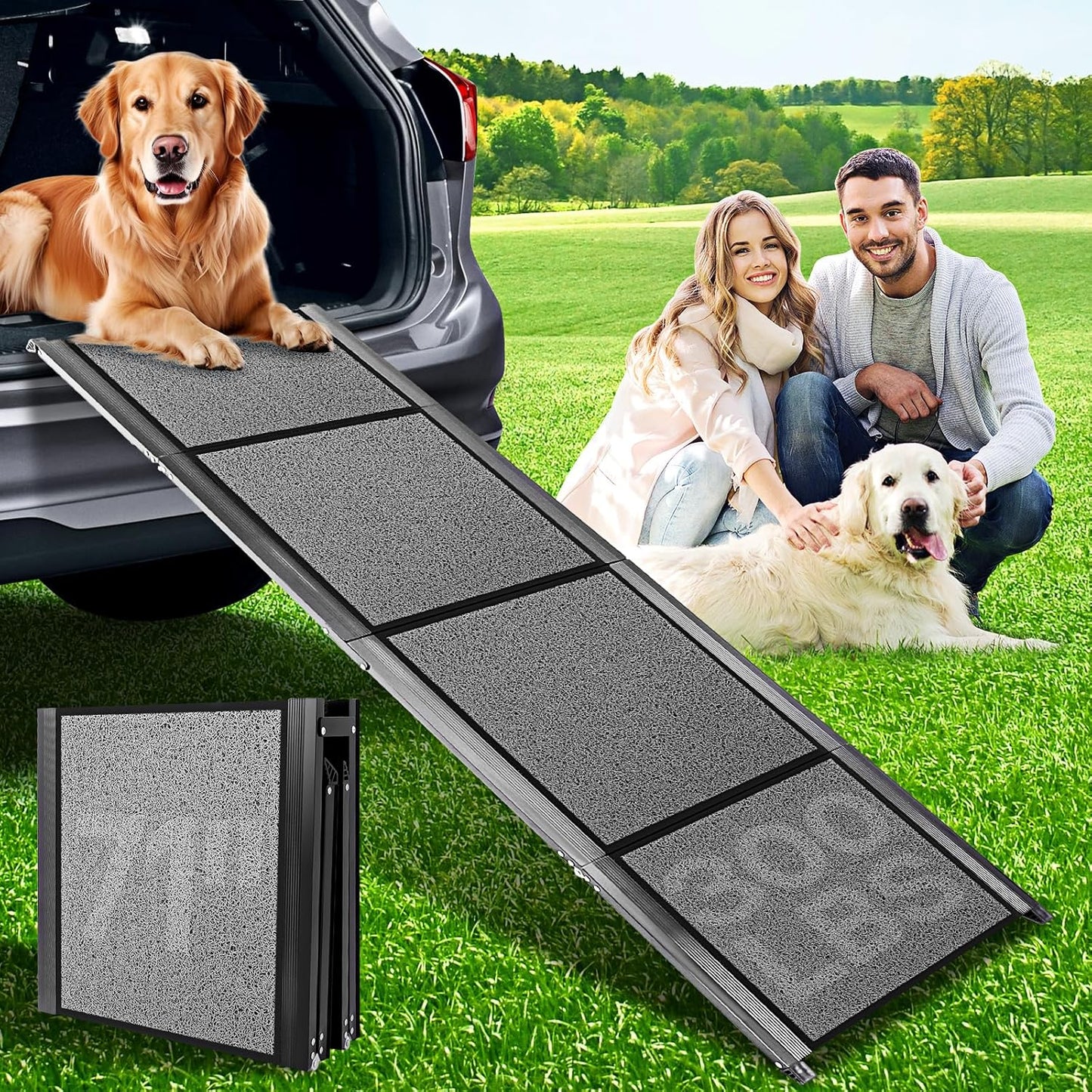 Dog Ramps for Car, 71" Extra Long & 20" Extra Wide Foldable Aluminum Dog Ramp for Large Pets, Support Up to 300LBS, Portable Non-Slip Rug Surface Pet Ramps for SUV, Truck, Van, Stairs, Bed, Couch