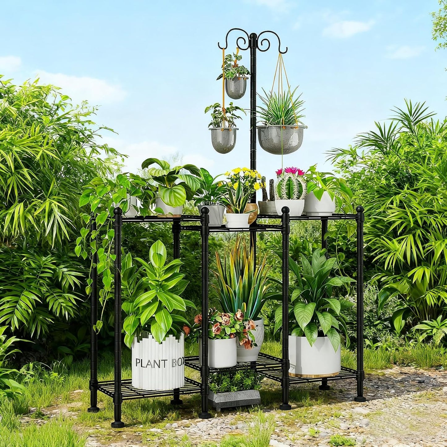 Plant Stand Indoor Outdoor, Heavy Duty Metal Waterproof 6 Tiered Plant Shelf for Multiple Flower Planter Holder Rack, Black - C6