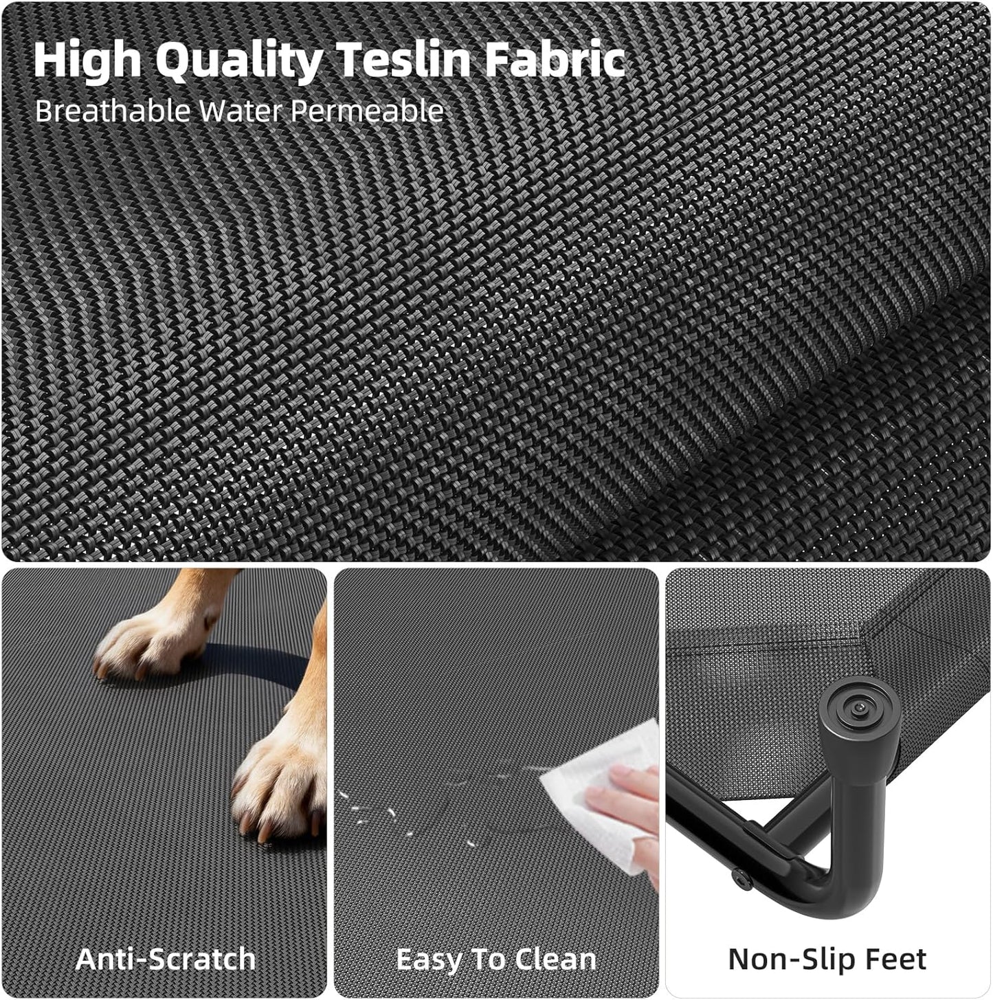 Cooling Elevated Dog Bed for Large Dogs, Raised Dog Bed with Breathable Mesh, Outdoor Indoor Removable and Waterproof Pet Cot, Black