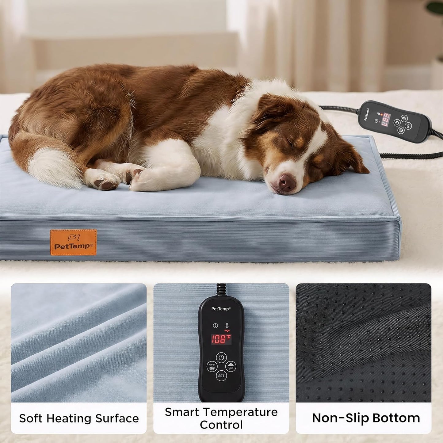 Extra Large Heated Dog Bed with Orthopedic Memory Foam, 4" Thick Beds for Large Sized Dog, 43.3 × 27.5 in Waterproof Sofa Dog Bed with Removable Heating Pad, Washable Cover & Non-Slip Bottom, 60W