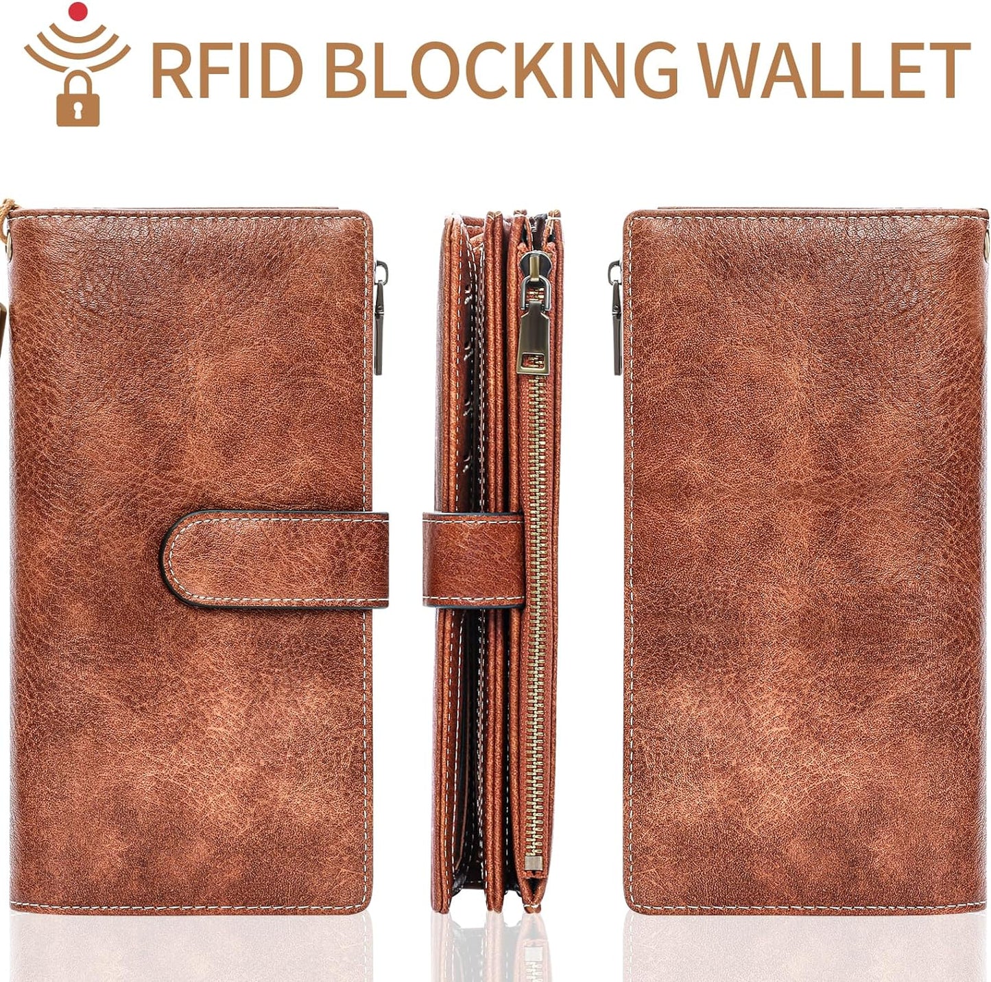 Womens Wallet RFID Blocking Large Capacity Credit Card Holder Long Purses for Women with Wristlet Pocket ID Window