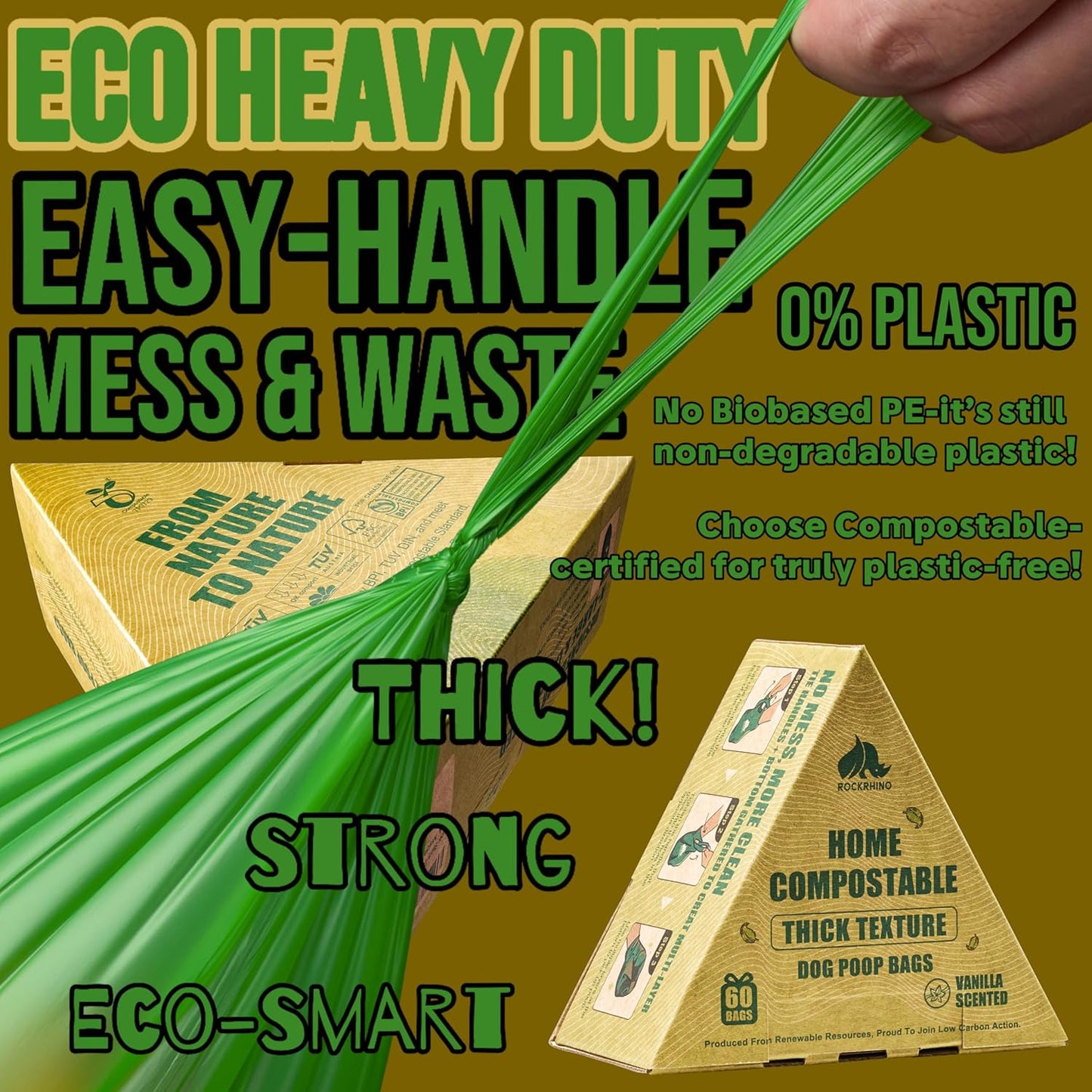 Ultra Thick & Deep RockRhino Dog Poop Bags for Large & XL Breeds | 4-Layer Interlocking Bottom | 100% Home Compostable, 0% Plastic | Vanilla-Scented | 60 Bags, Easy Open Tie Handles, Not for Scooper