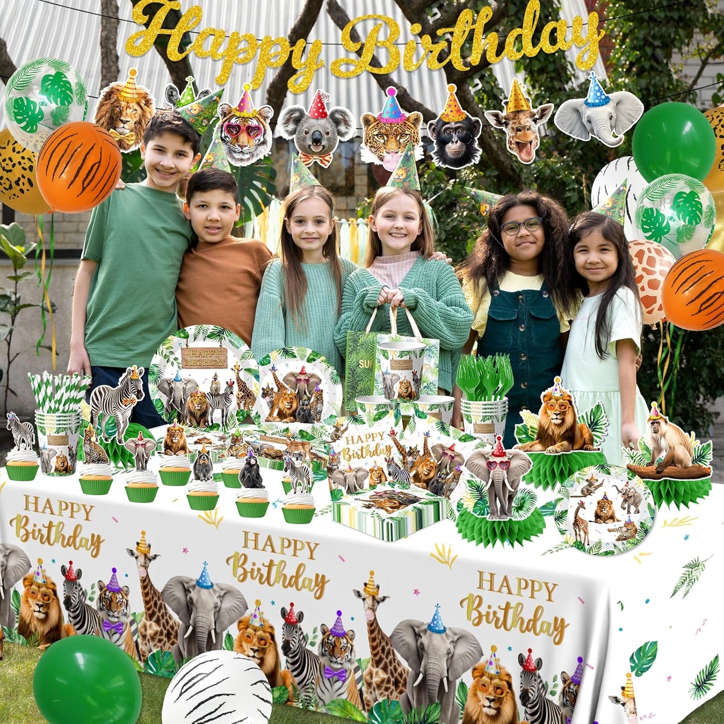 Safari Themed Party Decorations Tableware,198pcs Jungle Plates and Napkins for Party,animal Birthday Party Tablecloth Cups Cake Toppers Balloons for Zoo Party Decorations