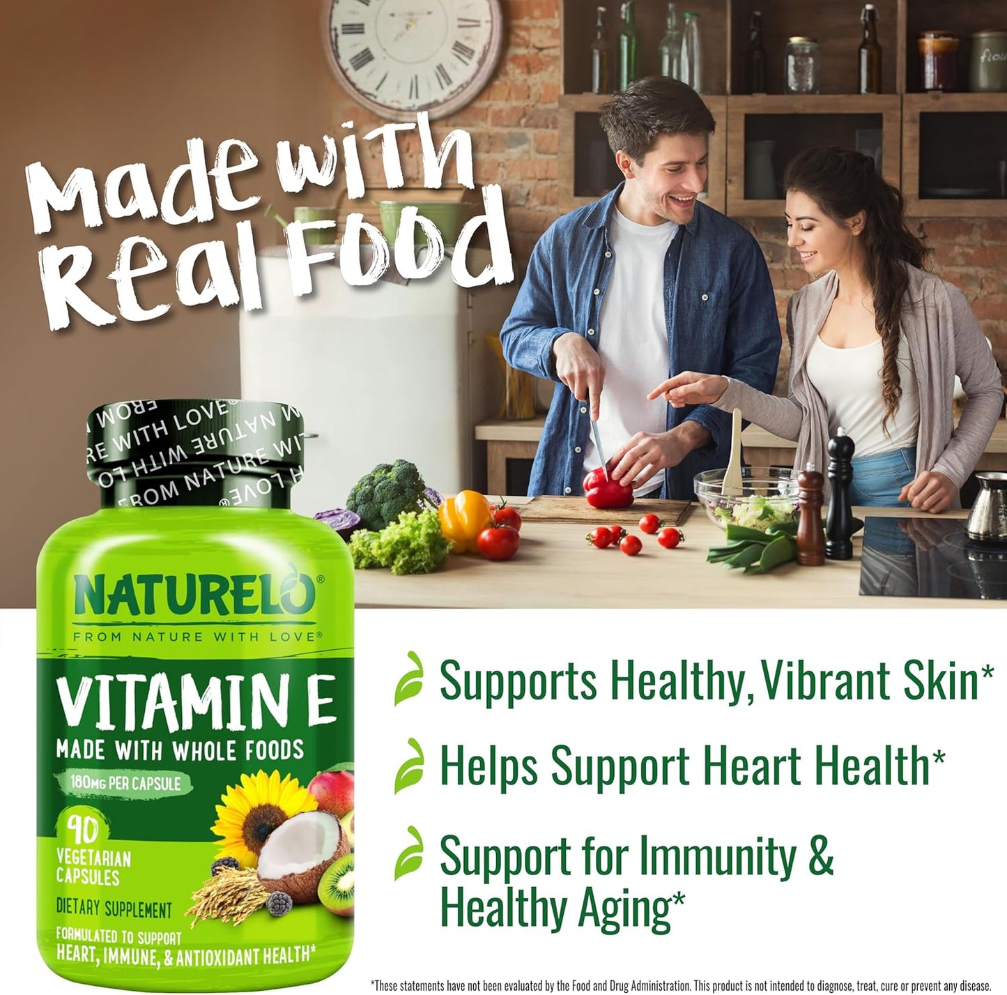 NATURELO Vitamin E Capsules 180 mg - 90 Vegan Capsules | Supports Skin, Hair, and Nails | Immune and Eye Health | Natural Mixed Tocopherols & Whole Foods | Non-GMO, Dry Vitamin E