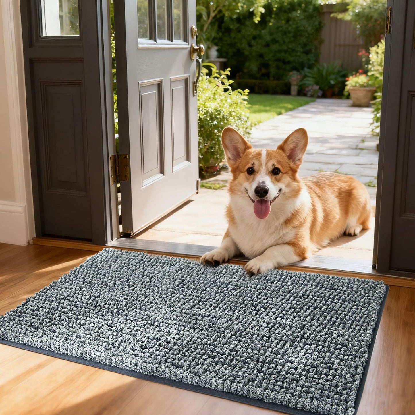 Bedsure Dog Door Mat for Muddy Paws, High-Low Absorbent Chenille Indoor Entrance Mud Dirt Trapper Soak-Stopper, Machine Washable Non-Slip Entryway Rug for Pets, 30"x19" Grey