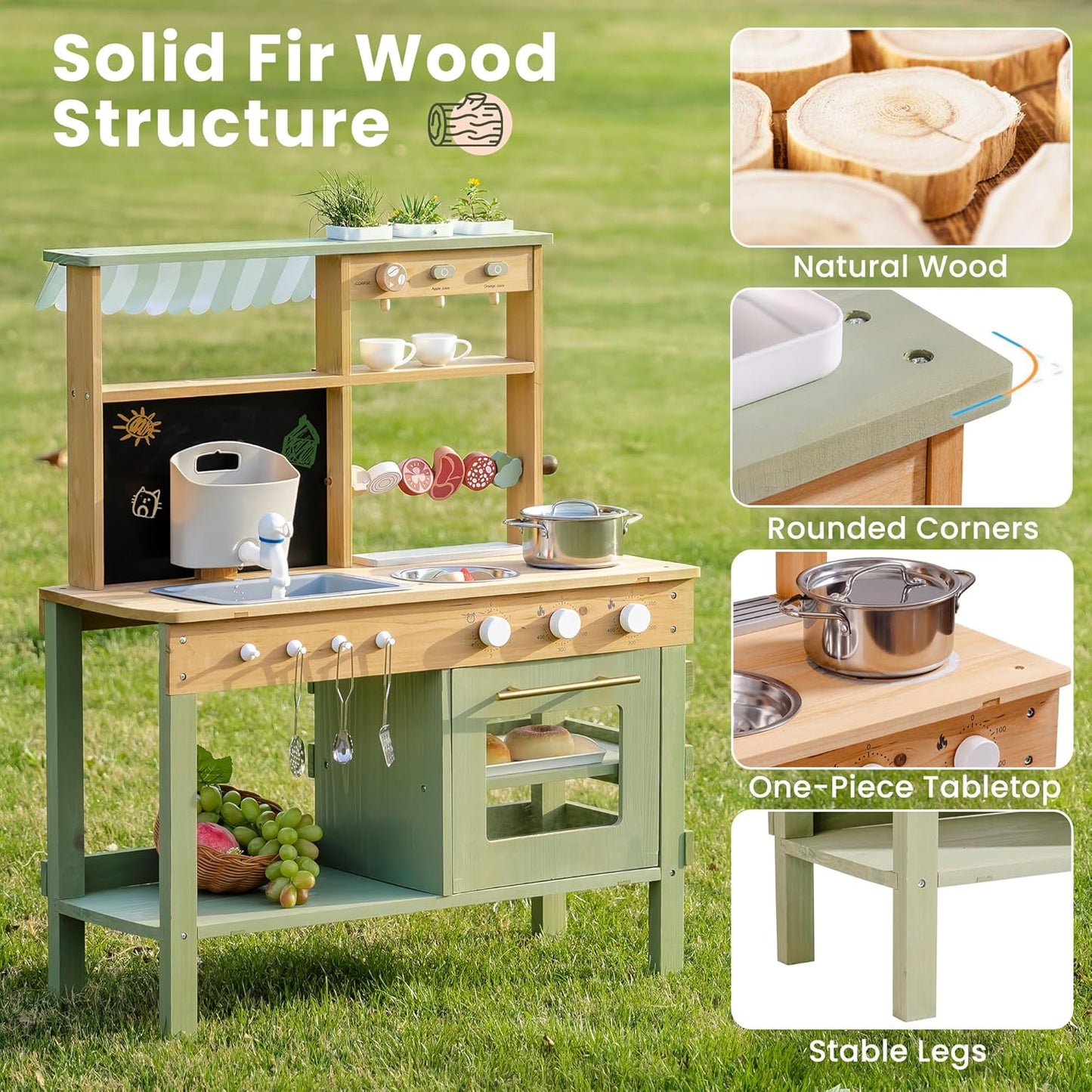 ROBOTIME Mud Kitchen for Kids, Outdoor Wooden Playset with Mud Kitchen, Sink, BBQ Grill, Coffee Maker, Planting Area & Oven, Pretend Play Kitchen for Outdoor Fun Ages 3+