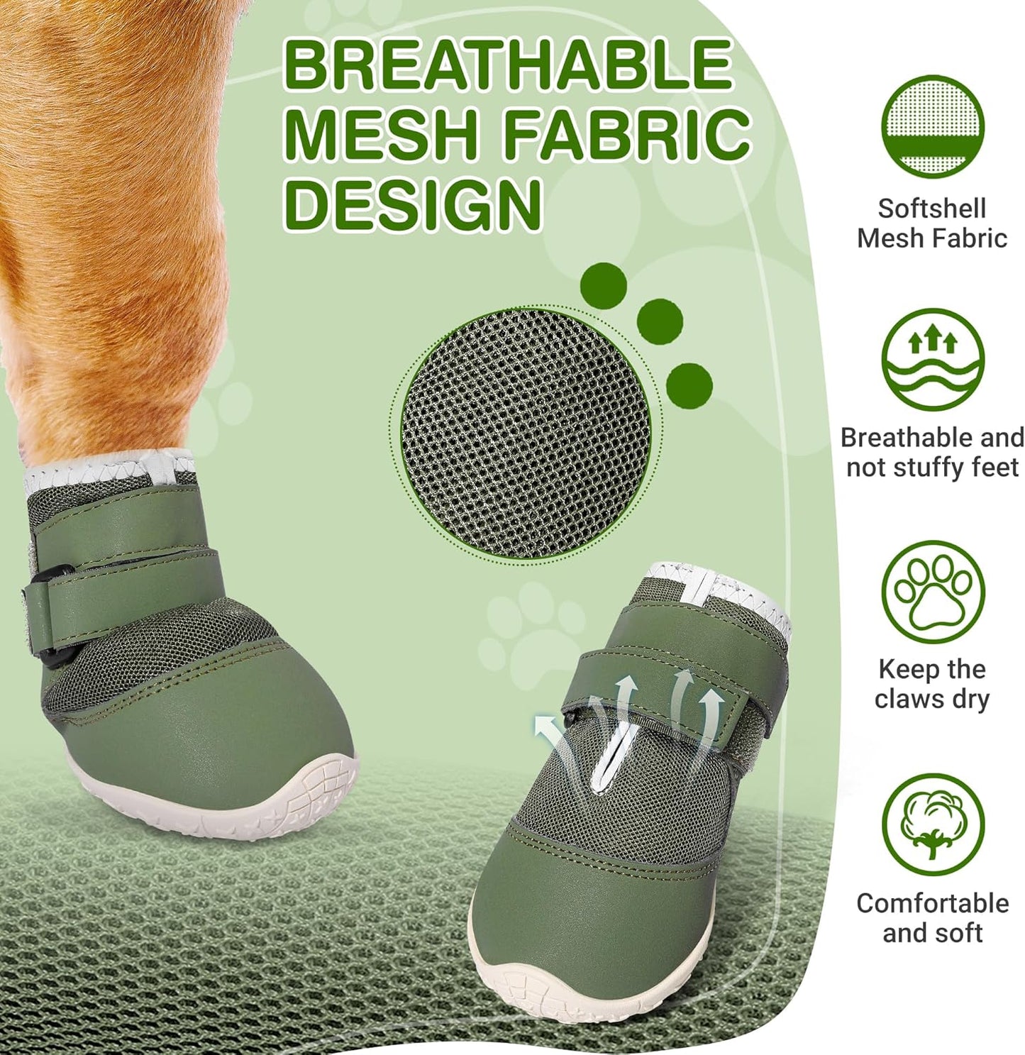 DcOaGt Dog Shoes Mesh Breathable Dog Booties for Hot Pavement Summer with Anti-Slip Sole,Dog Boots Paw Protectors for Small Medium Puppy for Winter Snow Rain Hiking,Military Green 4PCS(Size 4)