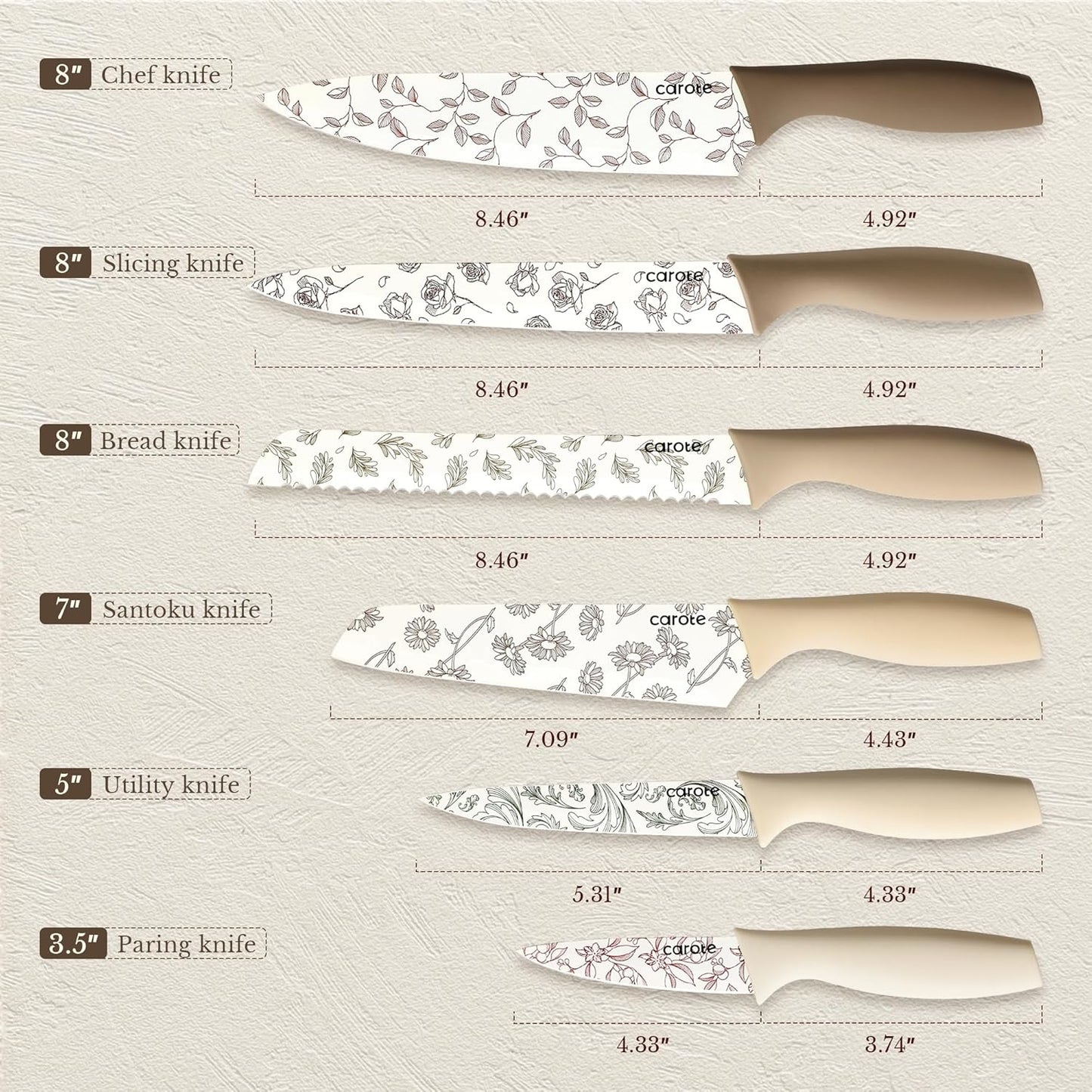 CAROTE 12PCS Knife Set, Kitchen Knife Set with 6 Blade Guards, Stainless Steel Knives Set With Nonstick Ceramic Coating, Rustproof, Delicate Floral Designs, White