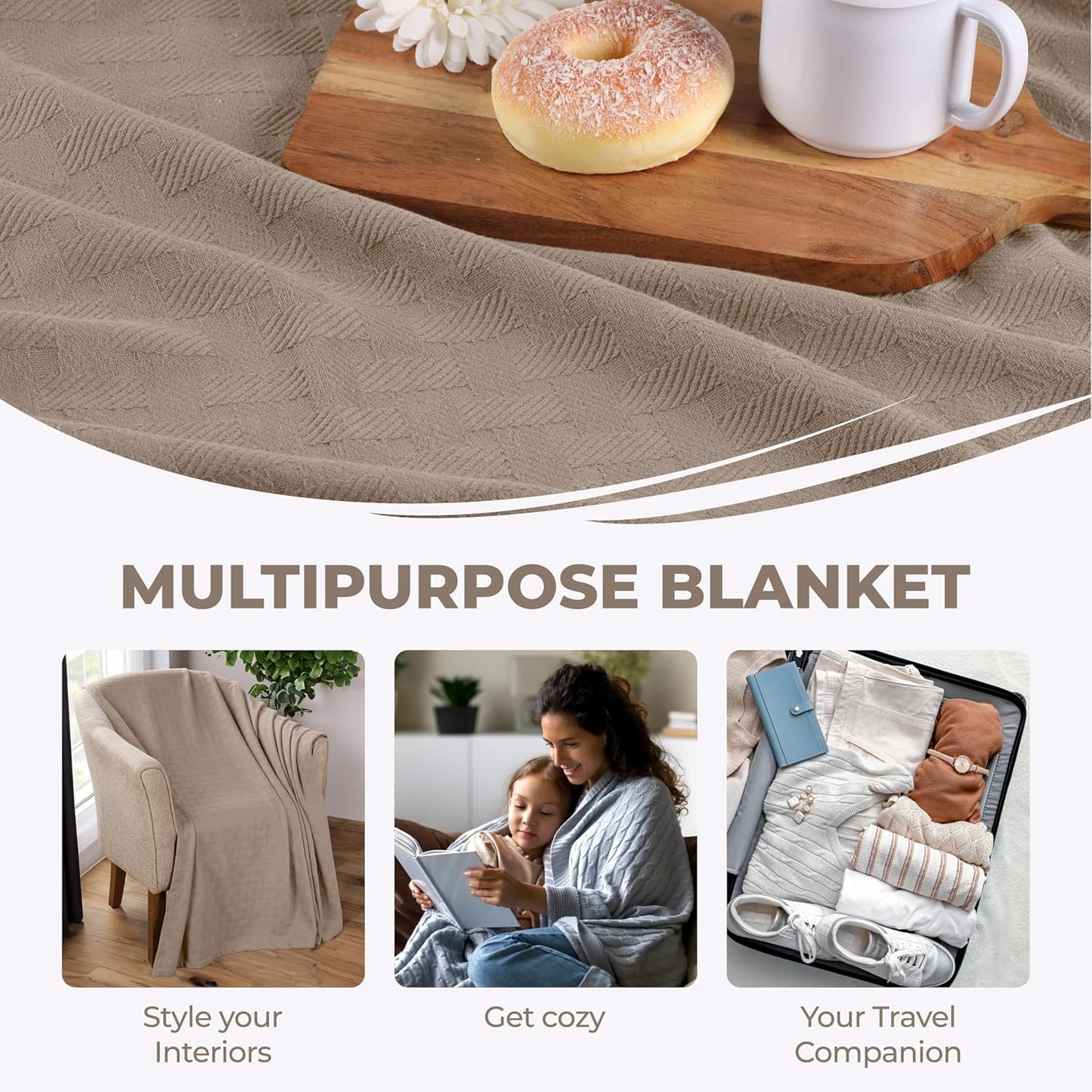 Superior Basketweave Cotton Blanket, Basket Weave Design, Soft, Comfy Cover for Bed, Bedding, Bedroom, Couch Throw, Lounging, Modern Boho Medium Weighted Blankets, Full/Queen, Khaki