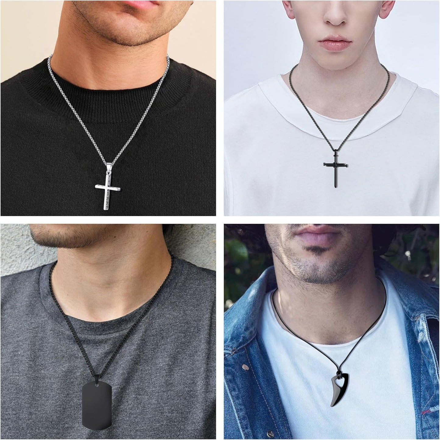 MAIBAOTA 8 Pcs Necklace for Men, Mens Necklaces Jewelry Set, Black and Silver Stainless Steel Necklace, Cross Pendant Necklace, 16-24 inches Chain