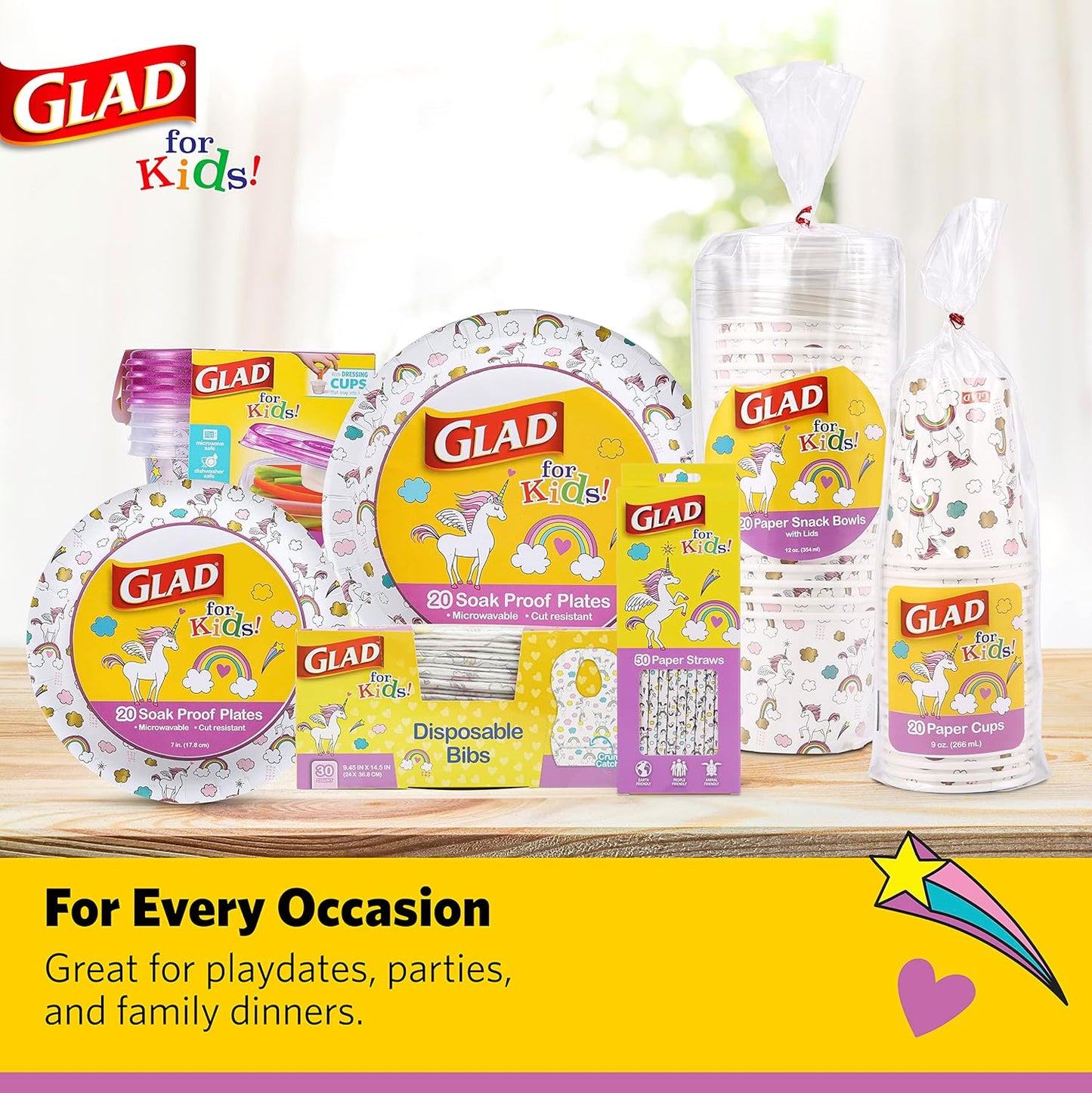 Glad for Kids Unicorn Disposable Paper Bibs with Crumb Catcher, Absorbent Leakproof Bibs for Toddlers and Babies, Mess Free Feeding, Crafts, Parties, and Travel Use, 30 Count