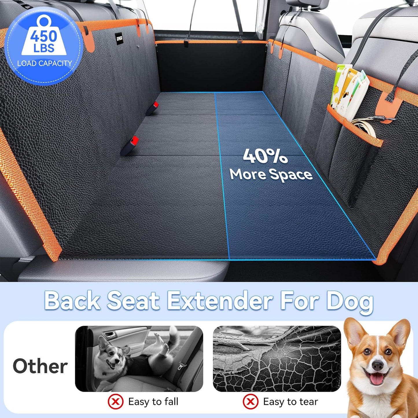 Back Seat Extender for Dogs, PU Leather Hard Bottom Dog Car Seat Cover for Back Seat,Dog Hammock for Car, PU Leather Material, Larger Space, Holds 400lbs