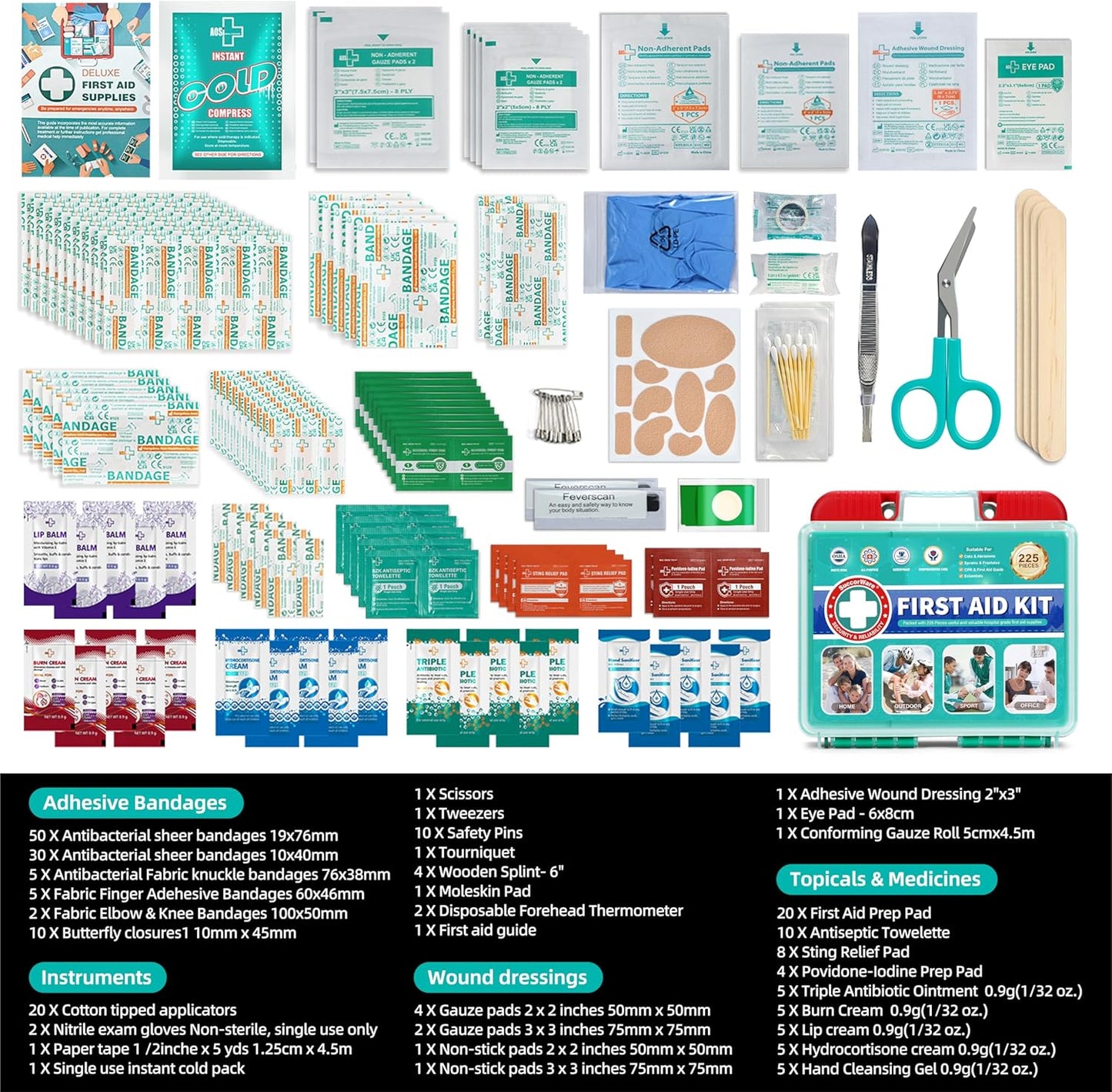 225 Pieces First Aid Kit, Includes Ice Pack, Adhesive Bandages, Wound Gauze Pads, Portable First Aid Bag for Home, Car, Business, Travel, Outdoor Emergency Medical Kits