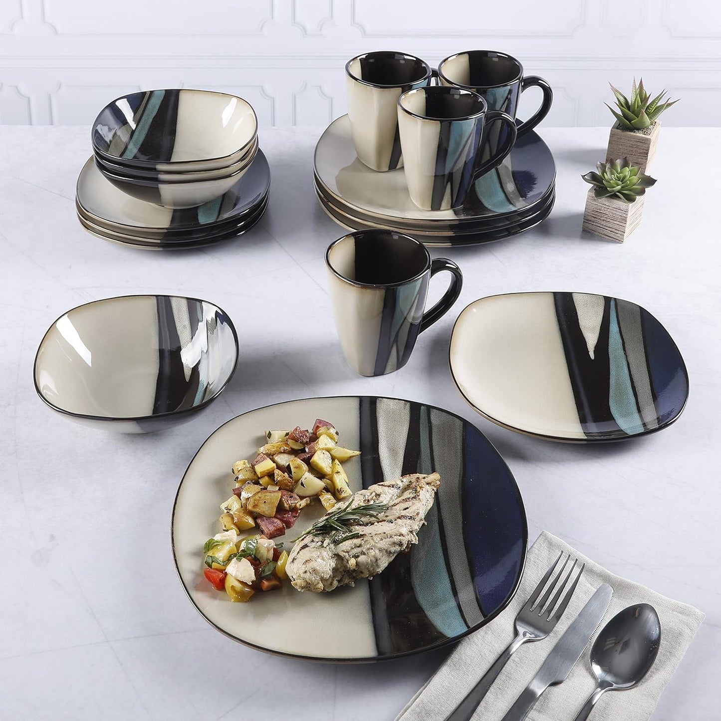 Gibson Elite Althea 16-Piece Teal Reactive Glaze Dinnerware Set – Service for 4, Durable Stoneware Plates and Bowls