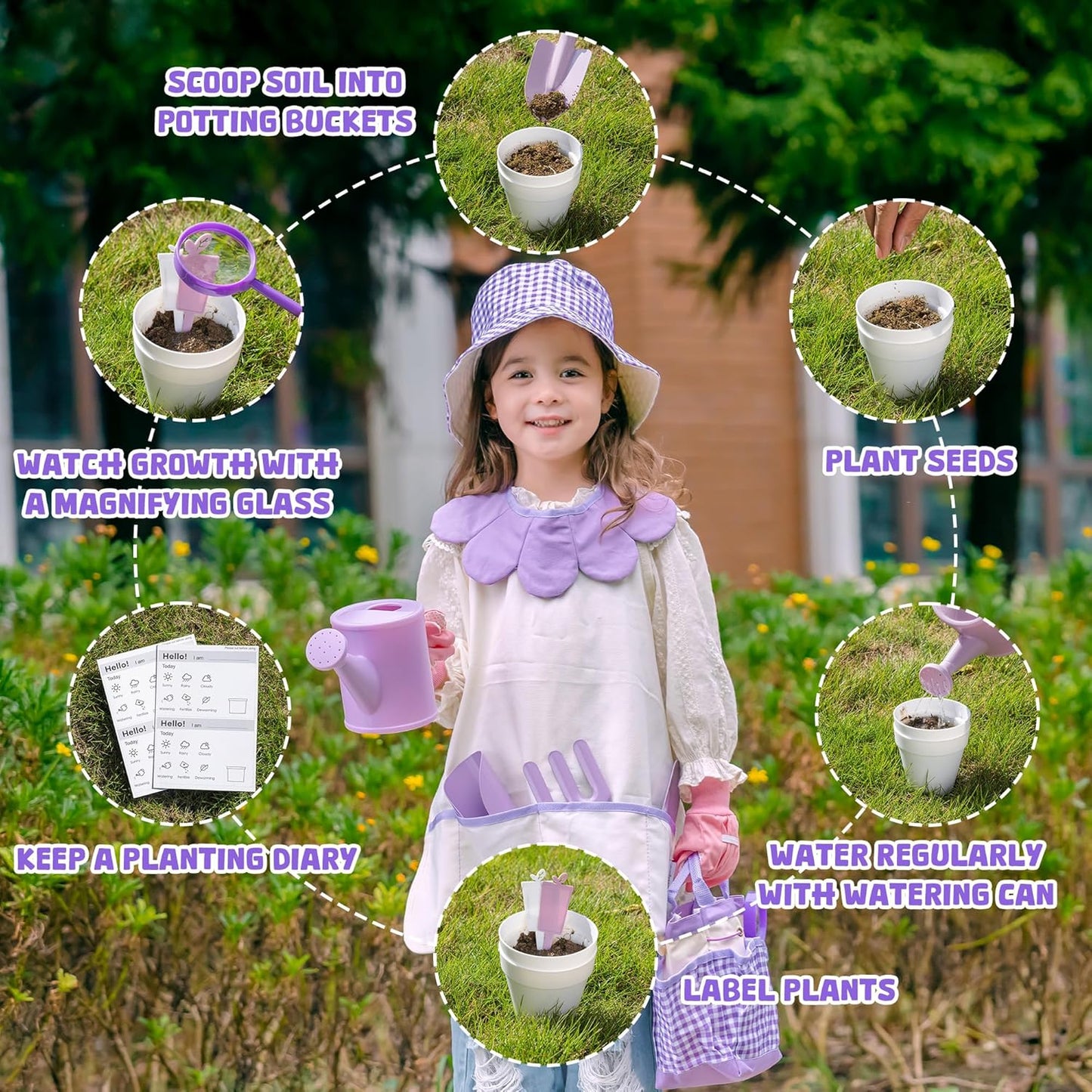 ROBOTIME Kids Gardening Set, 17PCS Toddler Gardening Tools, Toddler Gardening Set with Apron, Hat, Gloves, Watering Can & Tool Bag – Outdoor Play Garden Kit for Kids for Hands-On Learning (Purple )
