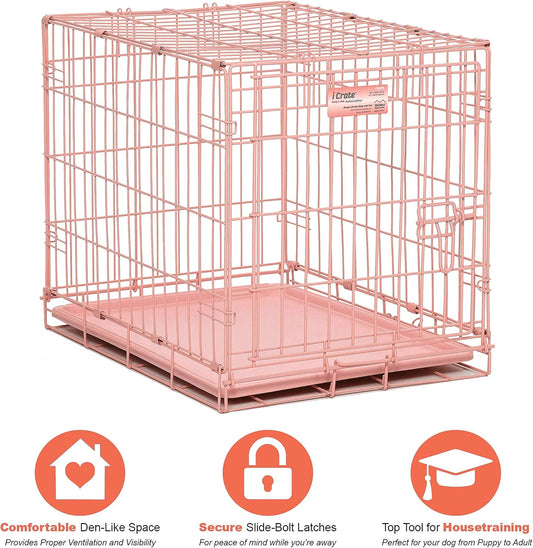 MidWest Homes for Pets 24-Inch Pink Fashion iCrate for Small Breeds, 12-20 lbs, Single Door Folding Dog Crate with Divider Panel, Leak-Proof Tray & Secure Latch, Portable, Durable & Easy to Assemble