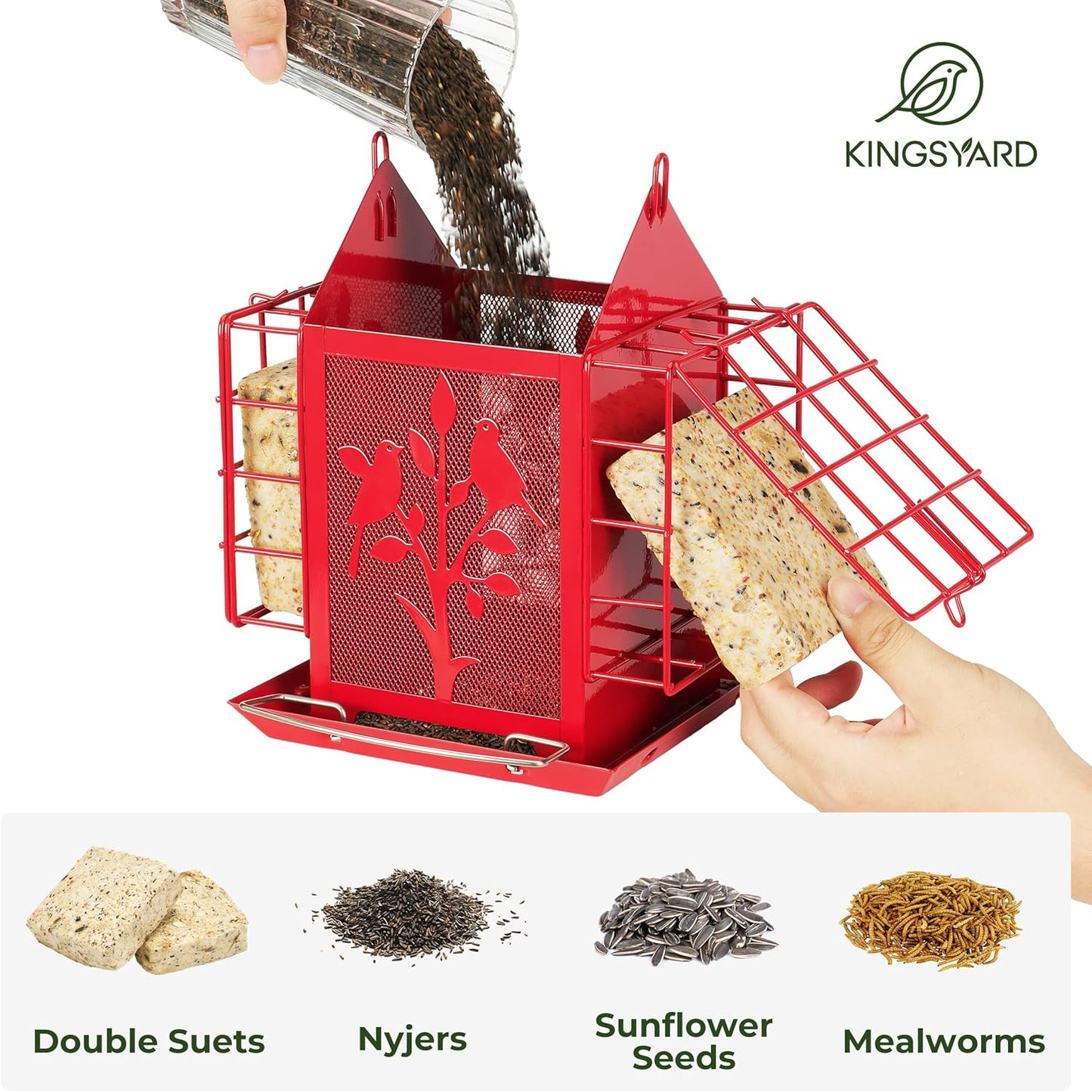 Kingsyard Metal Bird Feeder for Outdoor Hanging, Wild Bird Feeder with Double Suet Cage, Weatherproof Roof and 3 lbs Large Seed Capacity, Red