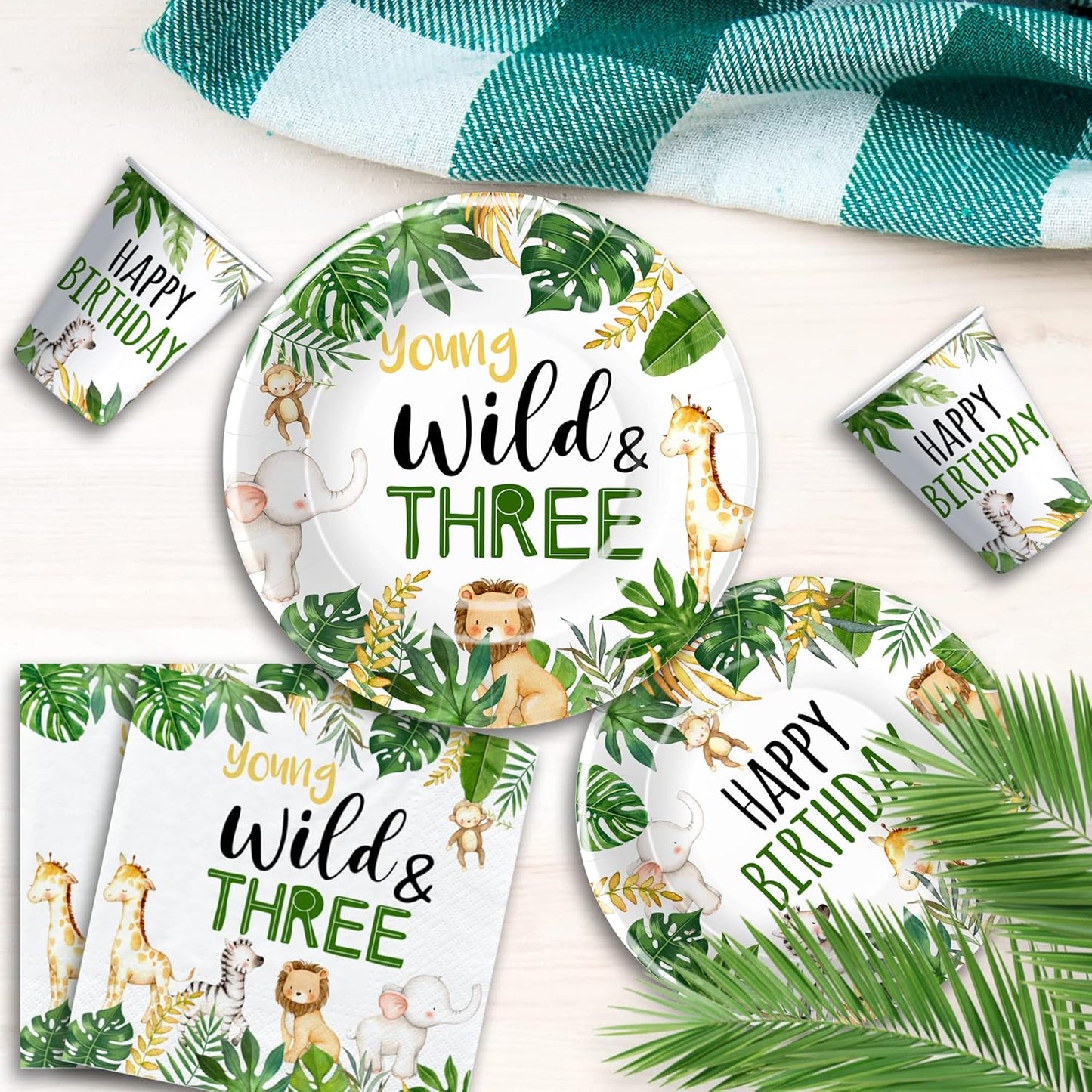 Jungle Animal 3rd Birthday Party Supplies - Young Wild And Three Decorations Tableware, Paper Plate, Napkin, Tablecloth, Fork, Safari 3-Year-Old Birthday Decorations Dinnerware | Serves 24