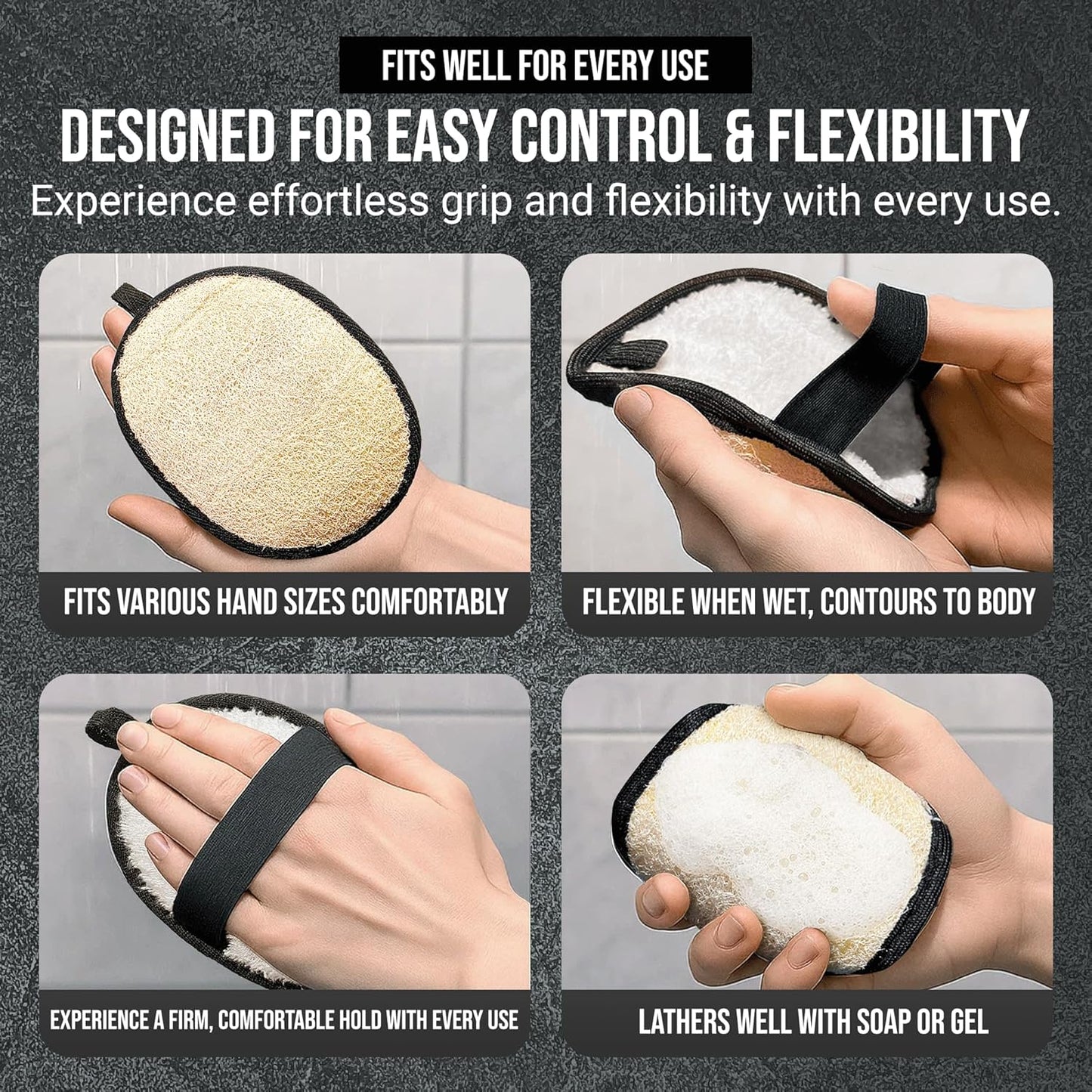 Natural Loofah Shower Body Scrubber for Men, Egyptian Luffa Sponge Exfoliating Loofah, Body Sponges for Shower, Mens Hygiene Essentials, Bath Loofahs Body Scrubber Shower Tool - 2PCS Black & White Set