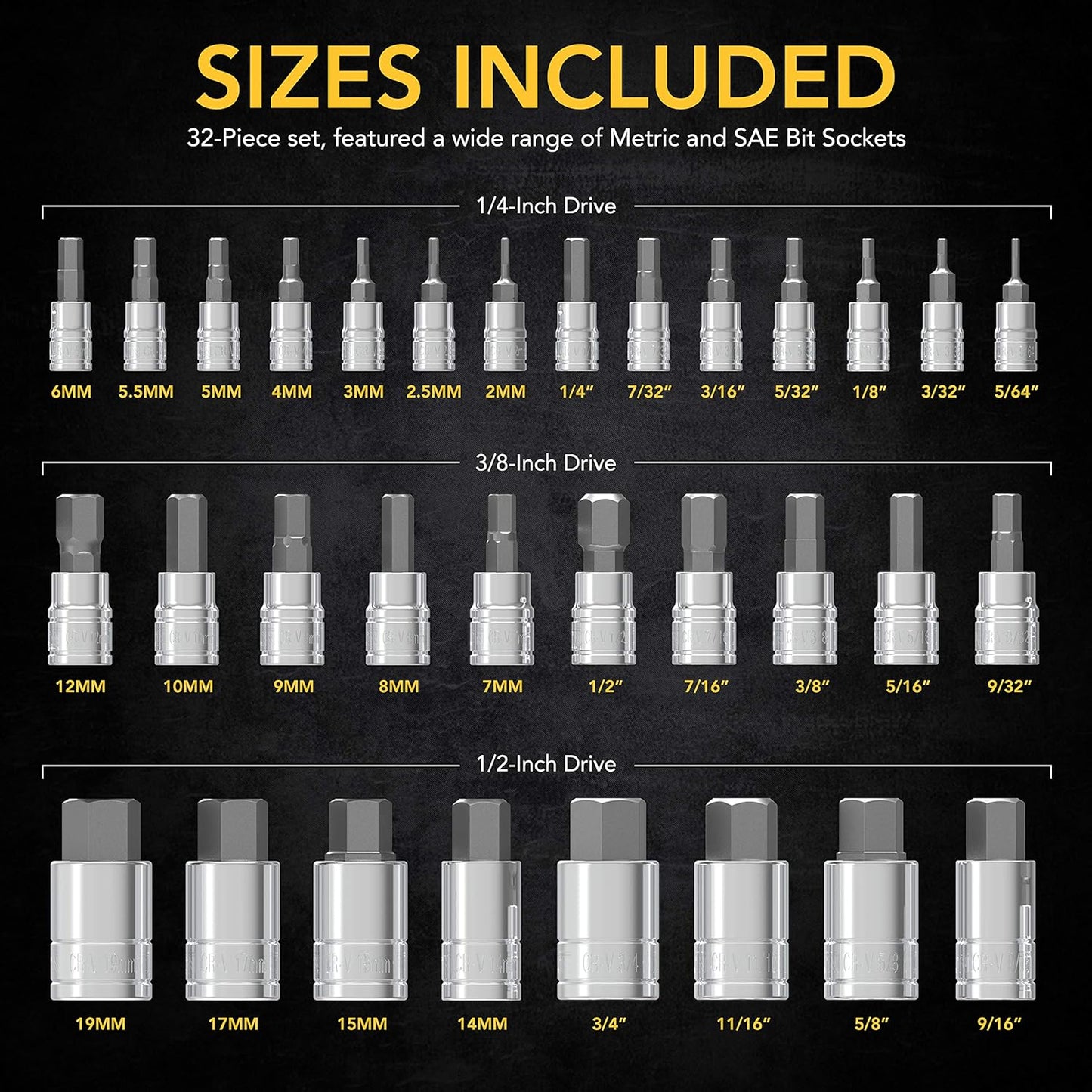 LEXIVON Master HEX Bit Socket Set, Premium S2 Alloy Steel | Complete 32-Piece, SAE and Metric Set | Enhanced Storage Case (LX-144)