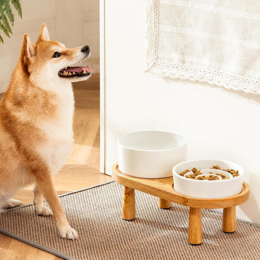 Ceramic Slow Feeder and Water Bowl Set for Small Dogs, 6.0 Inch Ceramic Dog Bowls Elevated with Wooden Stand, 0.6 Cups Dog Slow Feeder(14oz) and 30oz Water Bowl Set, White