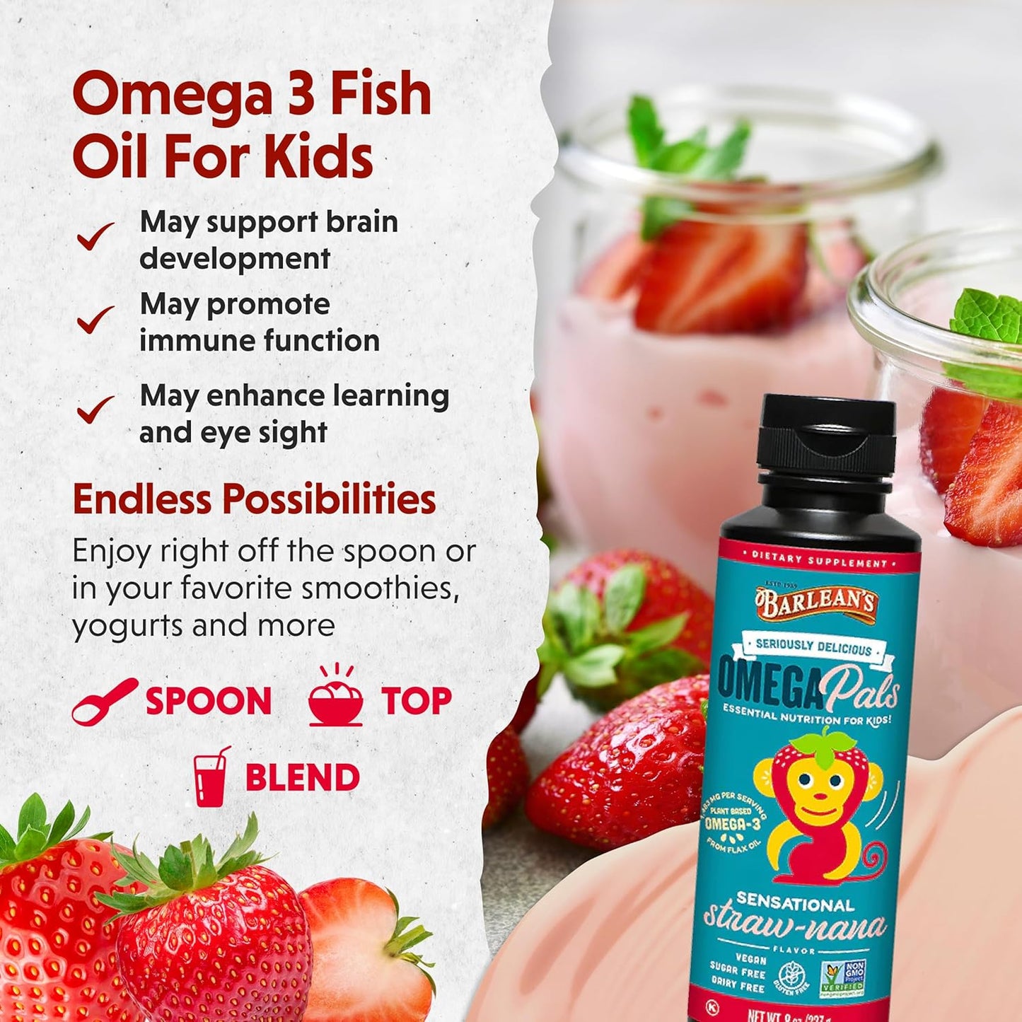 Barlean's Omega Pals Sensational Straw-Nana Flavored Omega-3 for Kids, Yummy Children's Liquid Fish Oil Supplement with 1,483 mg ALA, Non-GMO, Vegan for Brain and Eye Health, 8 oz, 2 Pack