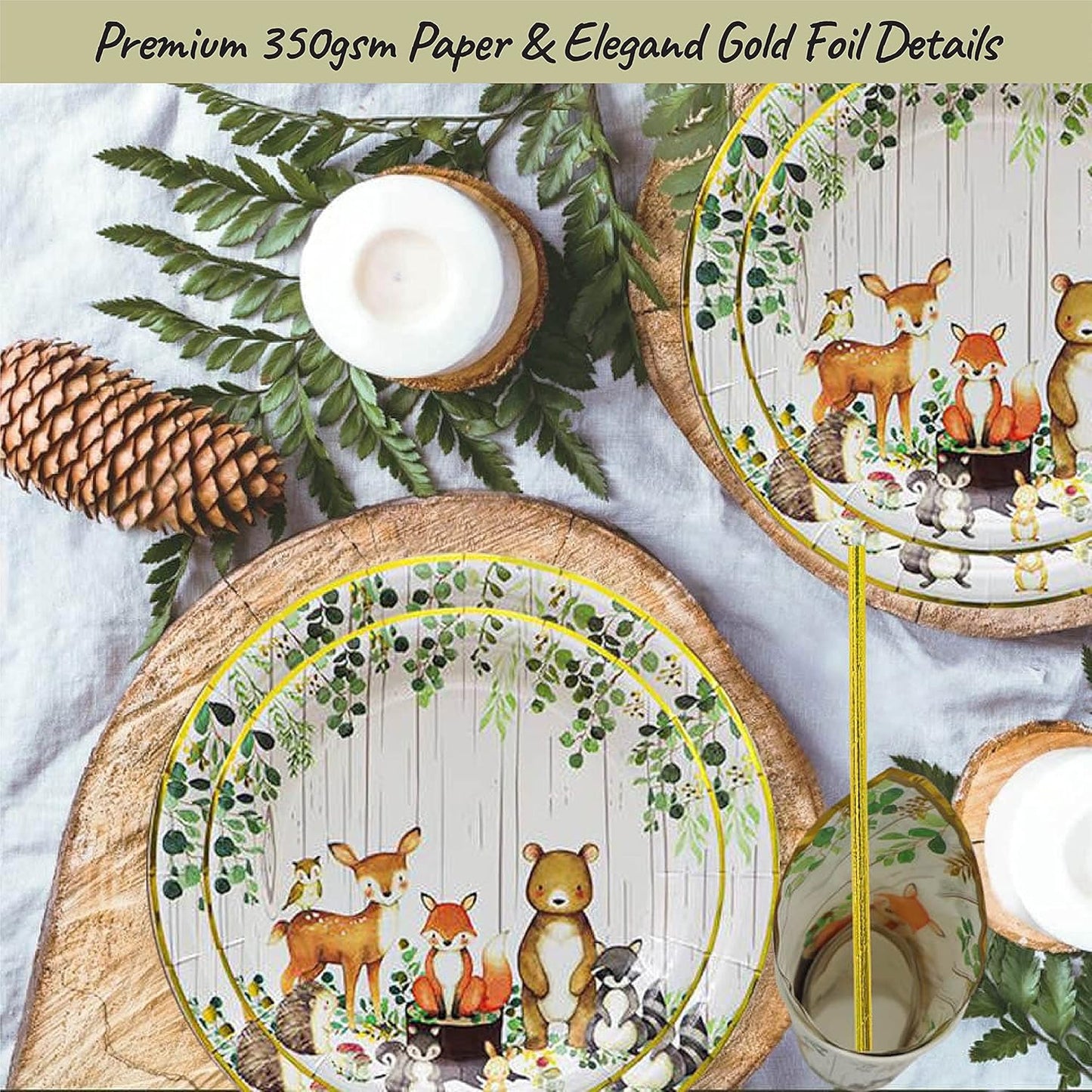 121Pc Woodland Baby Shower Decorations For Boy Or Girl, Birthday Party Supplies, Heavy Duty Sage Green Tablecloth, Paper Plates, Napkins, Straws And Cups, Forest Animal Friends Tableware Set Serves 24