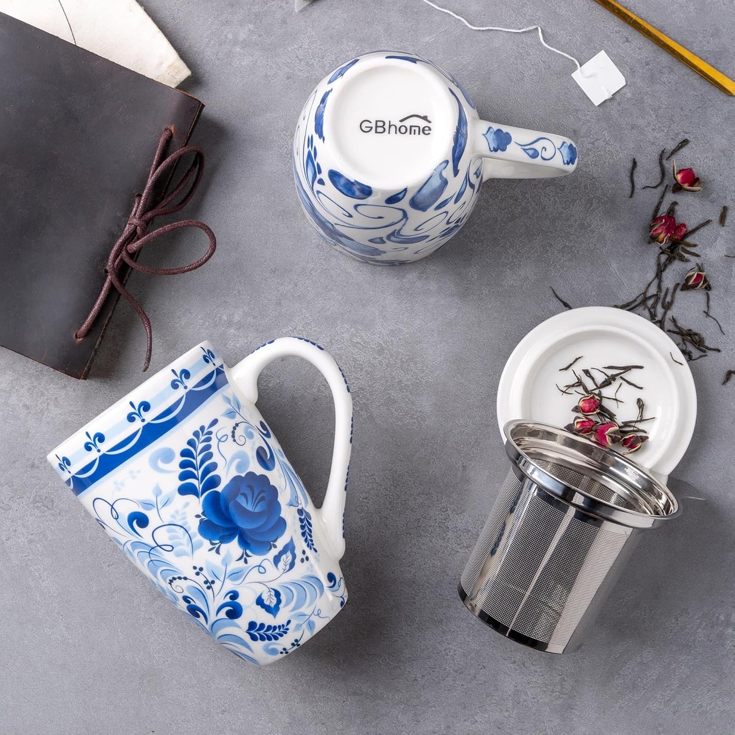 GBhome Tea Mug with Infuser and Lid, 18 Ounce Large Ceramic Loose Leaf Tea Cup, Microwave, Dishwasher Safe Tea Steeping Mug, Pefect Gift For Tea Lover.