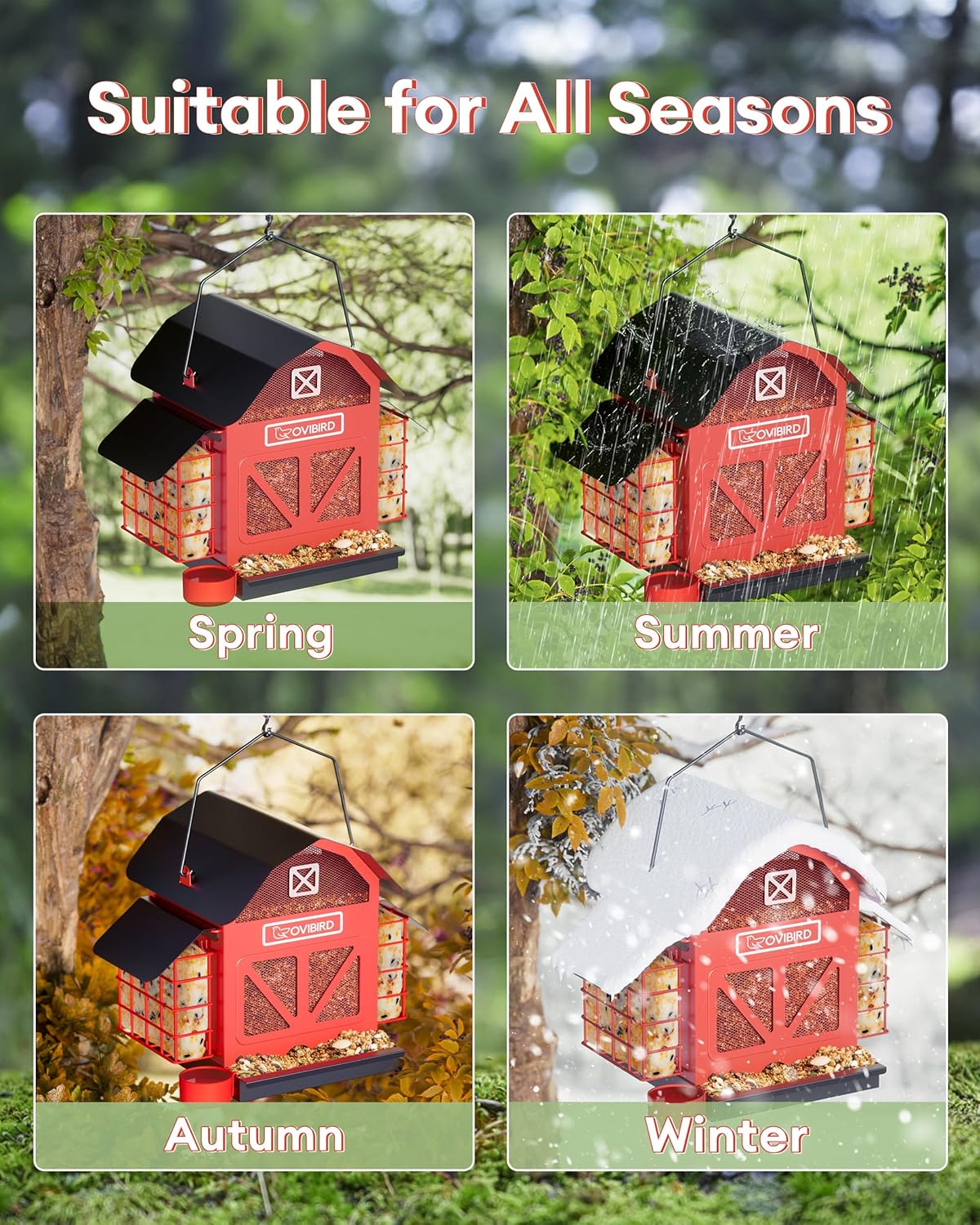 Bird Feeders for Outdoors Hanging, 5LBS Large Bird Feeder with 2 Suet Cage, Red Barn Metal Birds Feeder for Outside, Weather Resistant Cardinal Feeders, ldeal Birds Watching Gifts (Red)