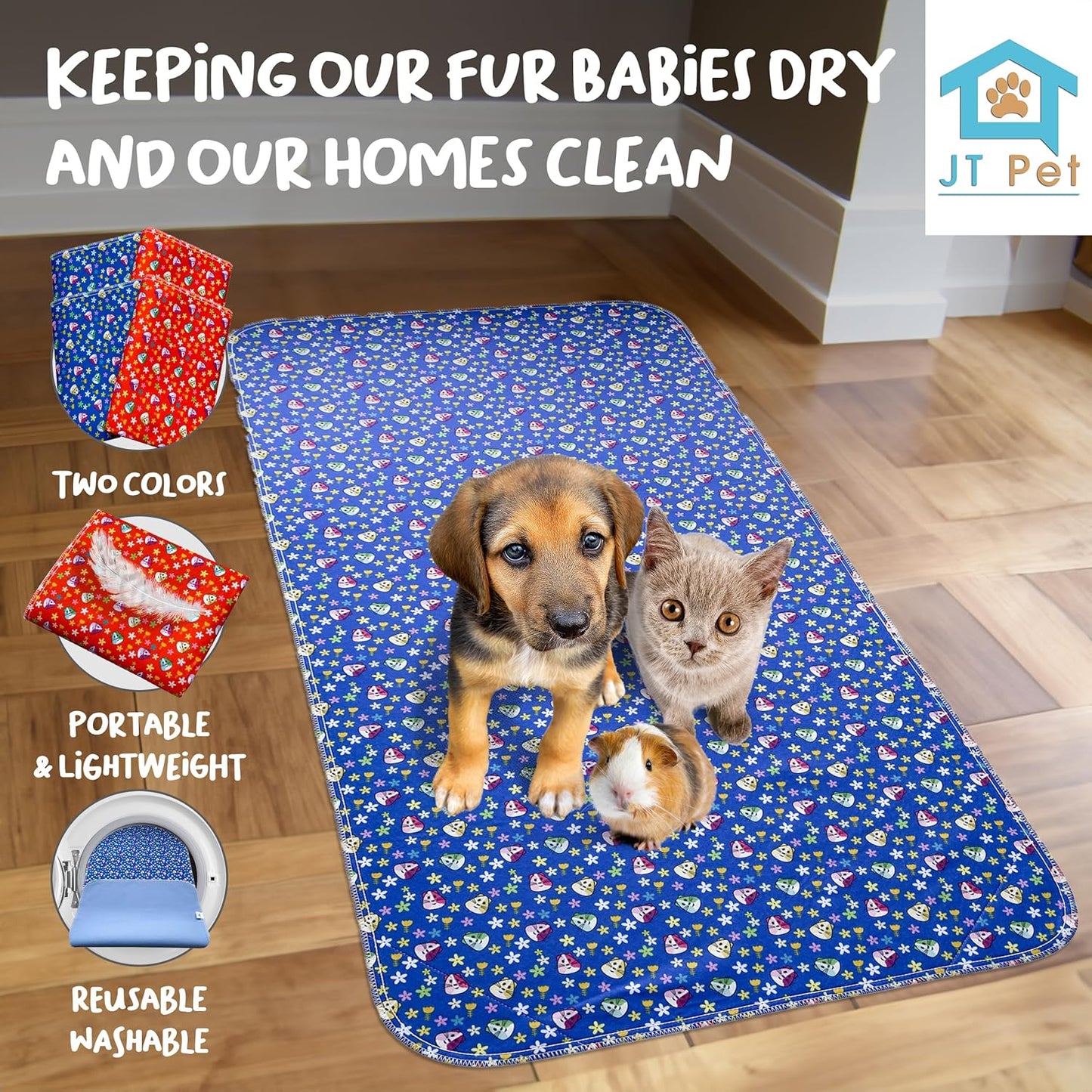 Guinea Pig Cage Liner - Pack of 4 Washable Pee Pads for Dogs, Smooth Fleece Guinea Pig Bedding for Cage & Crates, Reusable & Waterproof Puppy Pee Pads - 47x24 Inches, Red Blue Piggies