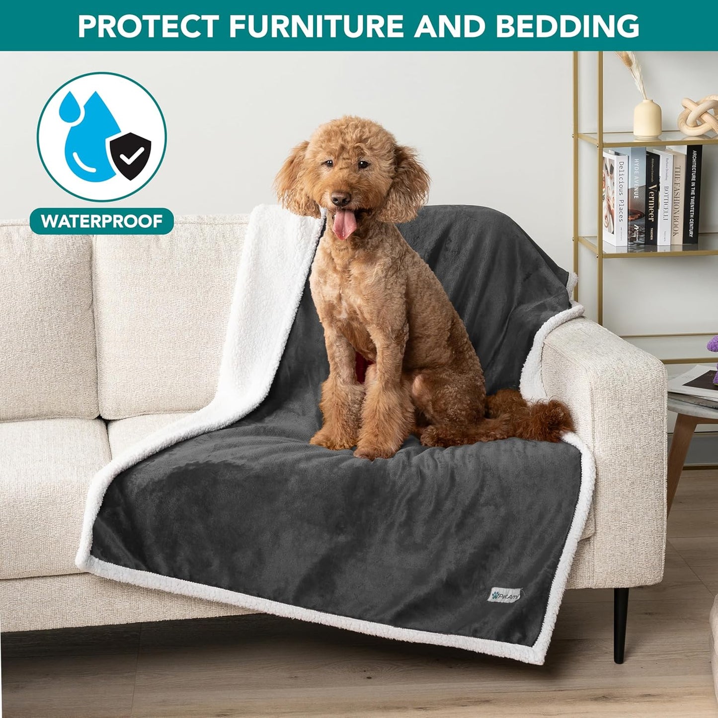 PetAmi Waterproof Dog Blanket for Medium Large Dog Puppy Cat Throw for Couch Cover Leakproof Protection, Sherpa Fleece, Reversible Soft Washable 60x40 Charcoal Gray