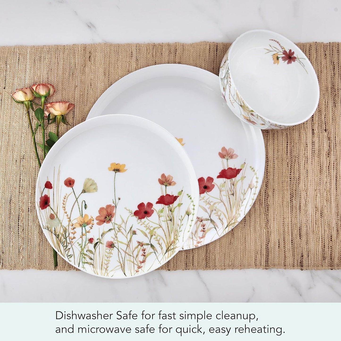 Mikasa Meadow Serenade 12 Piece Floral Bone China Durable Chip Resistant Lightweight Dinnerware Set, Service for 4