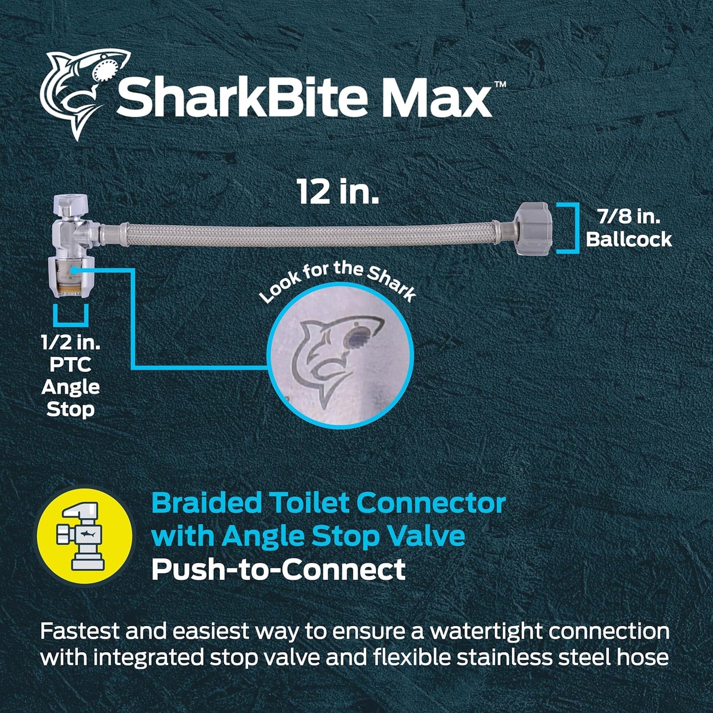 SharkBite Max 12 In. Stainless Steel Braided Toilet Connector with Angle Stop Valve, 1/2 Inch PTC x 7/8 Inch Ballcock, PEX Pipe, Copper, CPVC, PE-RT, HDPE, UR24656