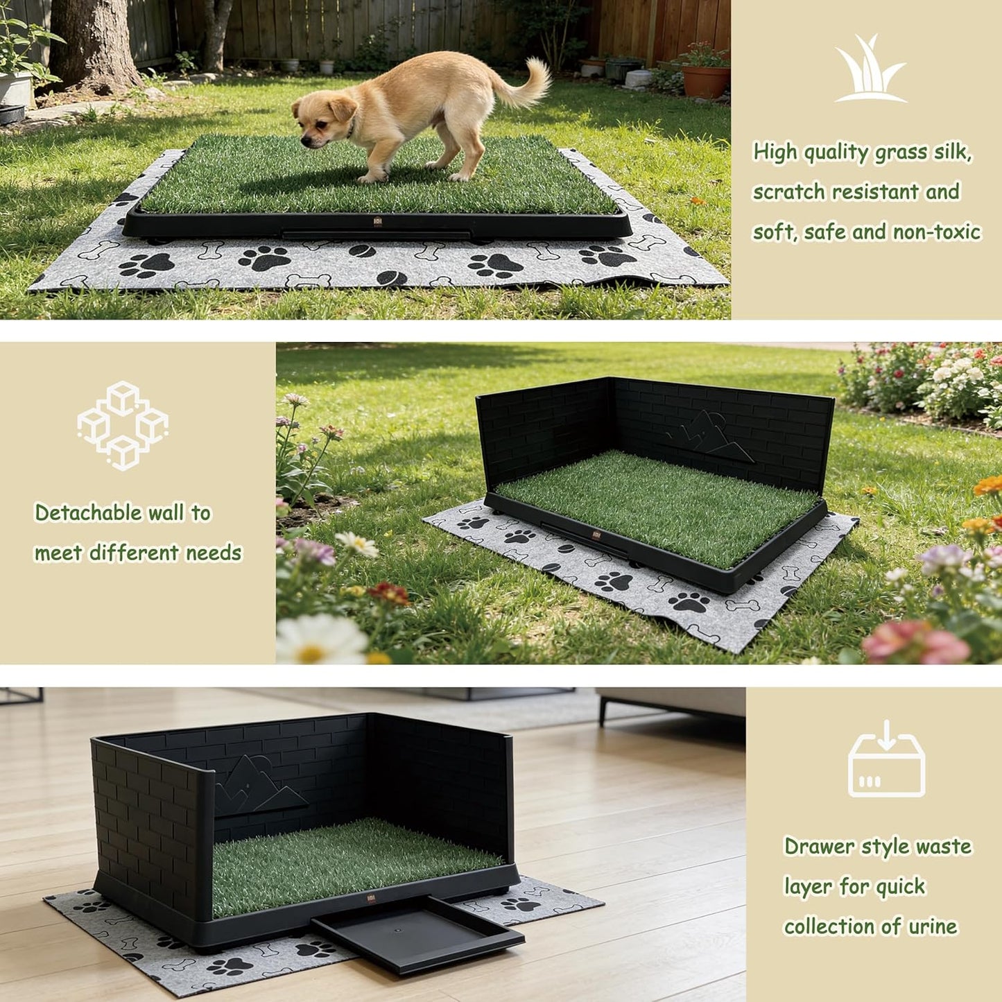 Dog Grass Pad with Tray, Indoor Potty with Three Walls, 35" X 24",with 2 Reusable Premium Grass Pads