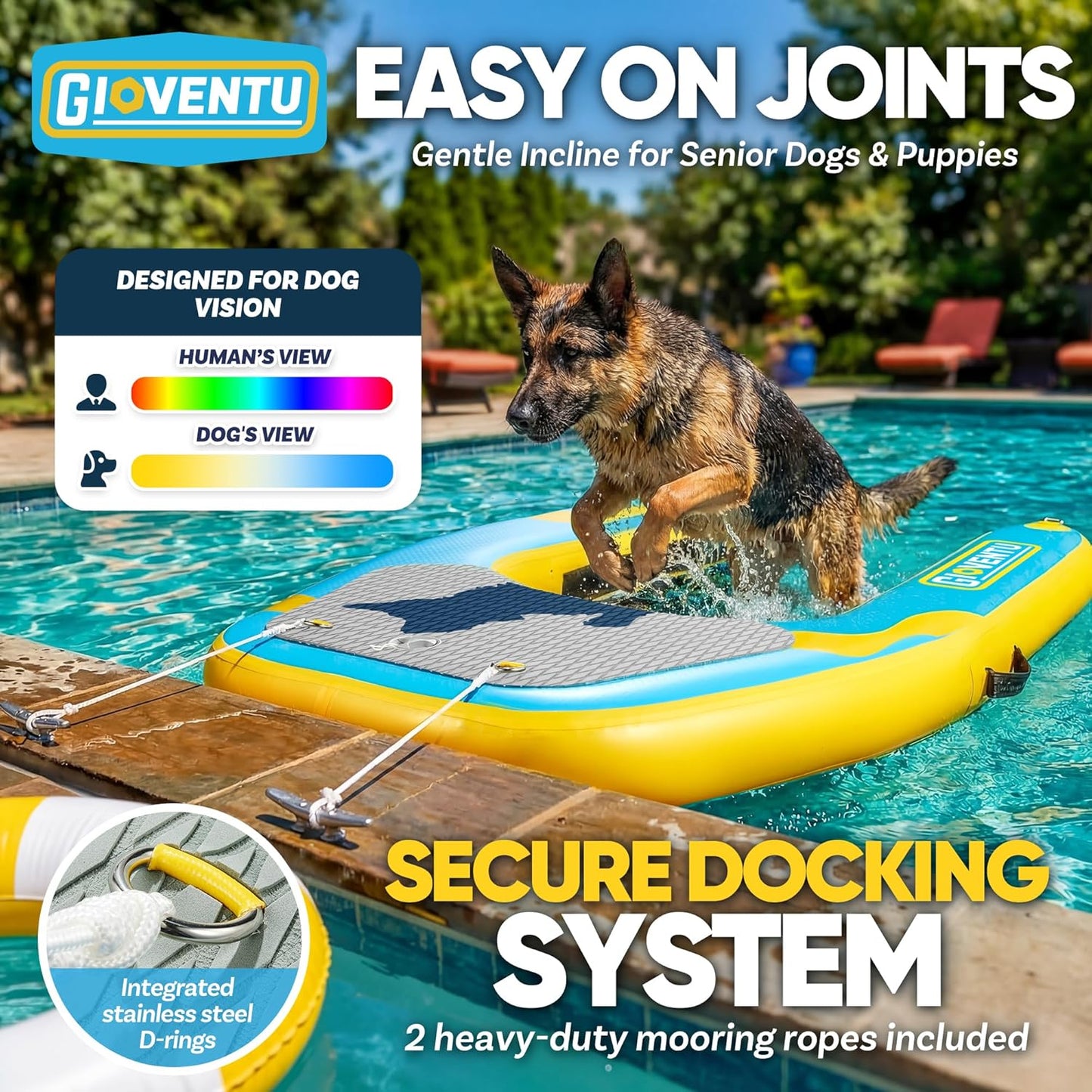 Inflatable Dog Boat Ramp, Heavy-Duty Floating Dog Water Ramp for Large Dogs, 220 LBS Capacity, Stable Drop-Stitch Platform with Submerged Steps, Non-Slip Surface, for Boats, Docks & Pools
