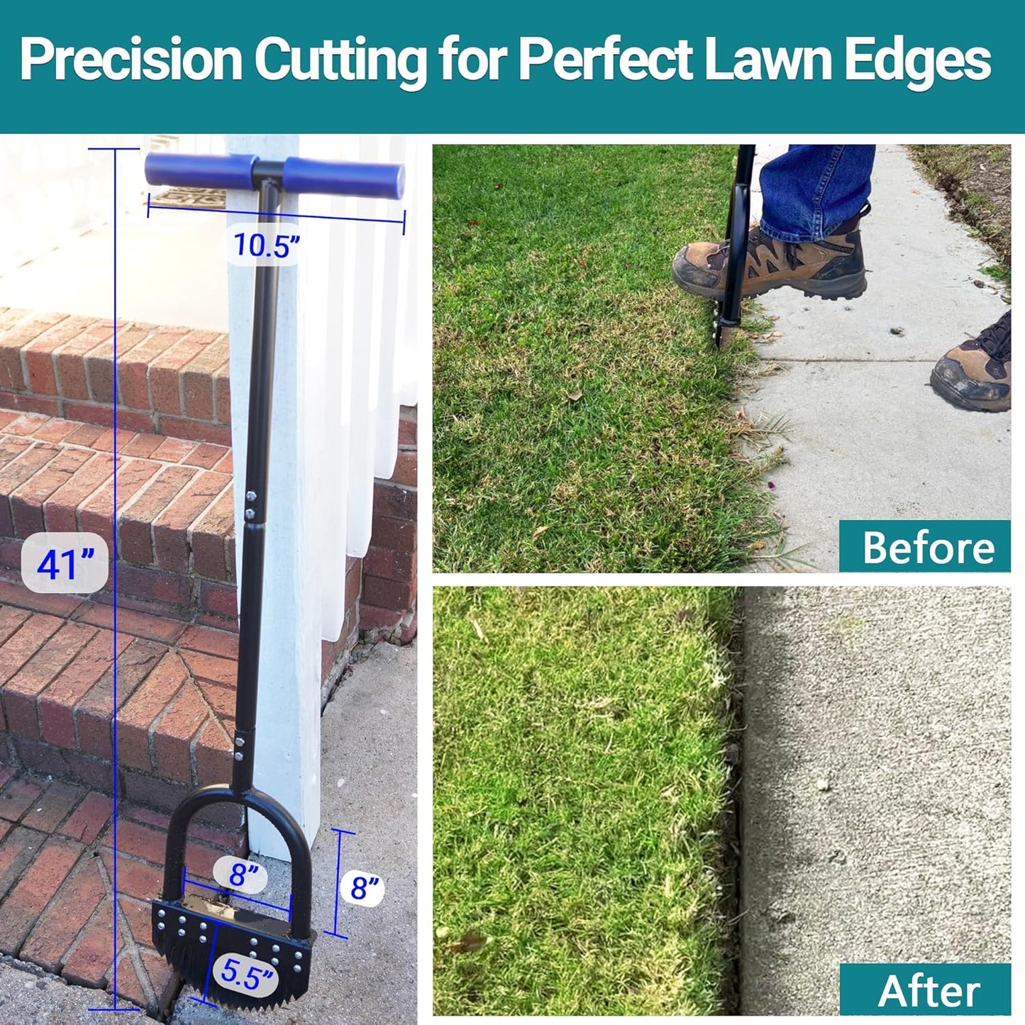 Edger Lawn Tool 41in Border Edger with Tempered Spring Steel Blade Long Rubber Handle Wide Footplate Rustproof Manganese Steel Half Moon Edger for Garden Maintenance