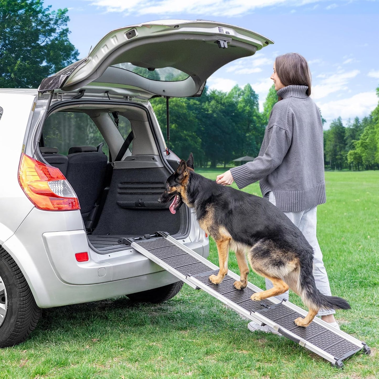 Dog Ramp for Car - Stable Anti-Slip Dog Car Ramp for Large Dogs - 63" Long & 15" Wide - 250LBS Capacity - Telescoping Pet Ramp - Lightweight - Reflective Sides - Fixing Clip - Shadow Gray