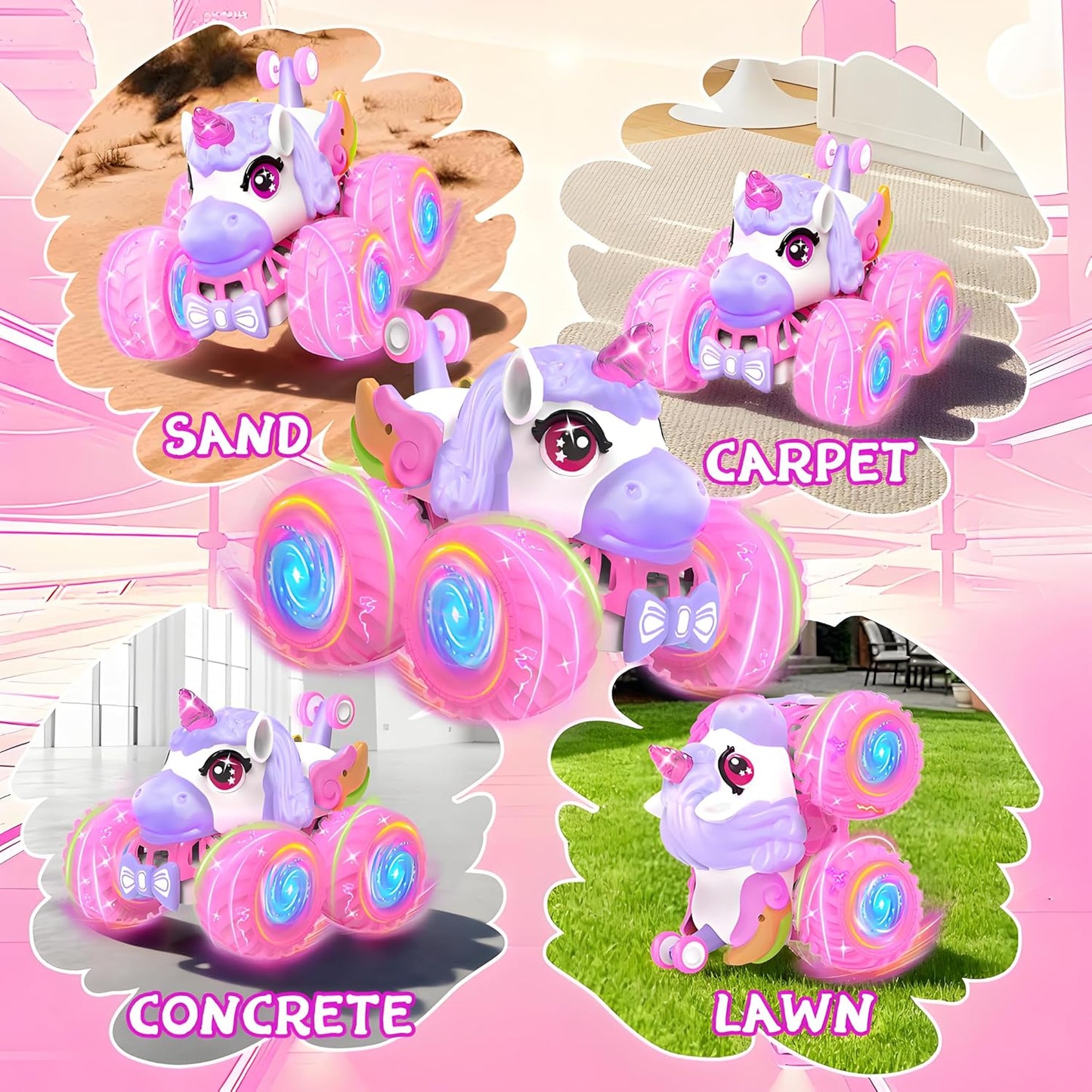 Remote Control Car for Girls, Unicorn Toys for Girls Age 3+, 360° Rotating 4WD 2.4 GHz RC Stunt Cars with Light and Music, Unicorn Gifts Presents Christmas Stocking Stuffers for 3 4-6 6-8