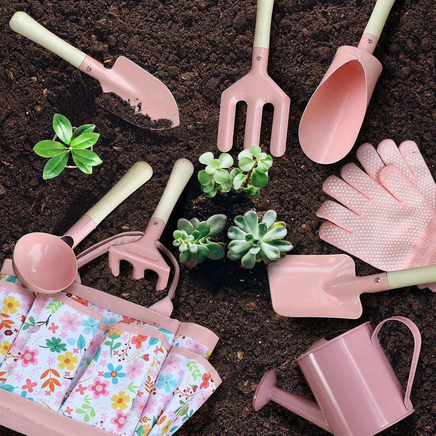Kids Gardening Set 14Pcs Garden Tools with Tote Bag,Watering Can, Shovel, Apron, Garden Book and More Educational STEM Learning Outdoor for Toddlers Boys Girls (Floral)